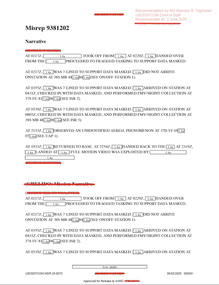 USCENTCOM Mission Data Report (MDR 25-0072)