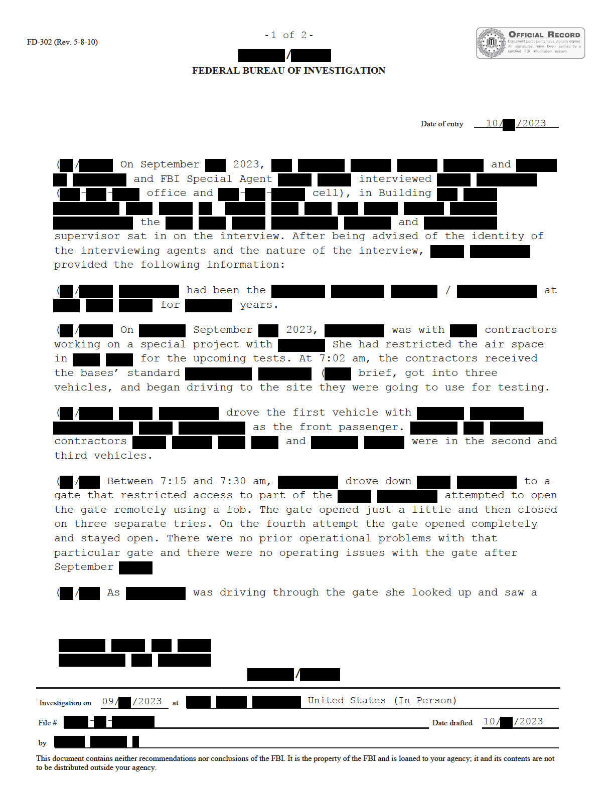 FBI FD-302 UAP Sighting Report