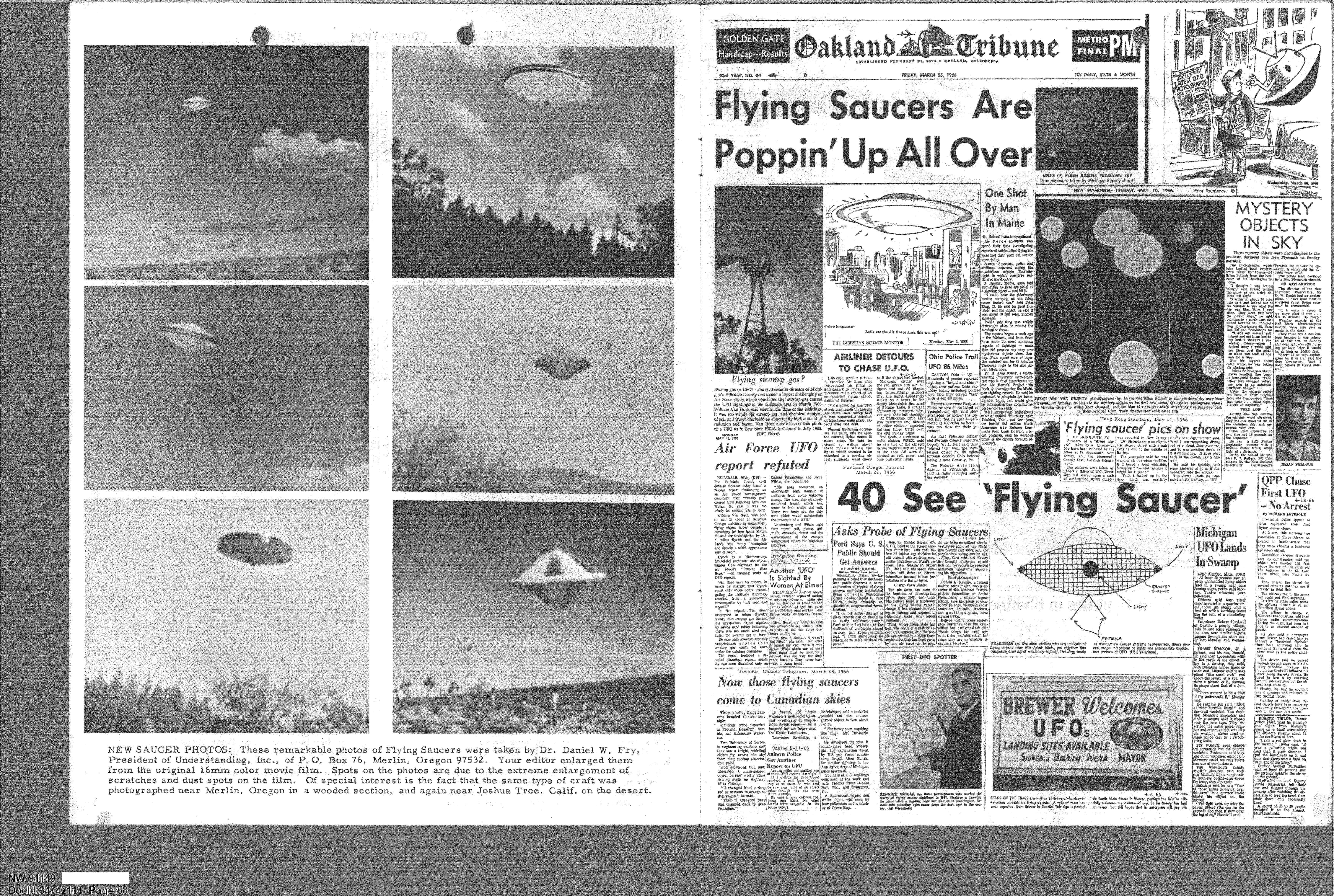 A collage of newspaper clippings and photographs related to UFO sightings from various sources, including the Oakland Tribune and others. The page is dominated by images of alleged UFOs and headlines like 'Flying Saucers Are Poppin' Up All Over'.