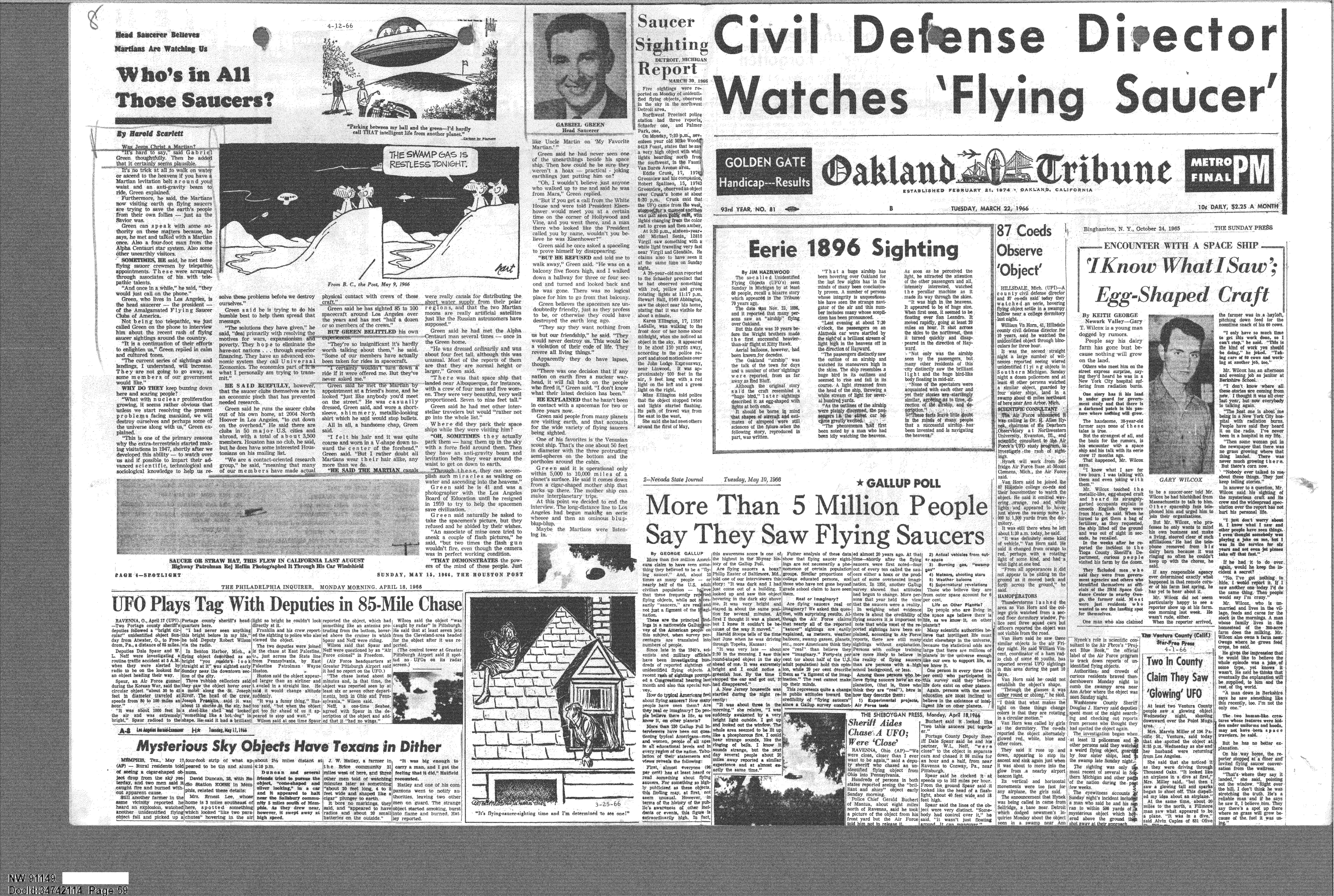 A collage of newspaper clippings about UFO sightings. Headlines include 'Civil Defense Director Watches 'Flying Saucer'', 'Eerie 1896 Sighting', and 'More Than 5 Million People Say They Saw Flying Saucers'. The page is from various newspapers, including the Oakland Tribune.