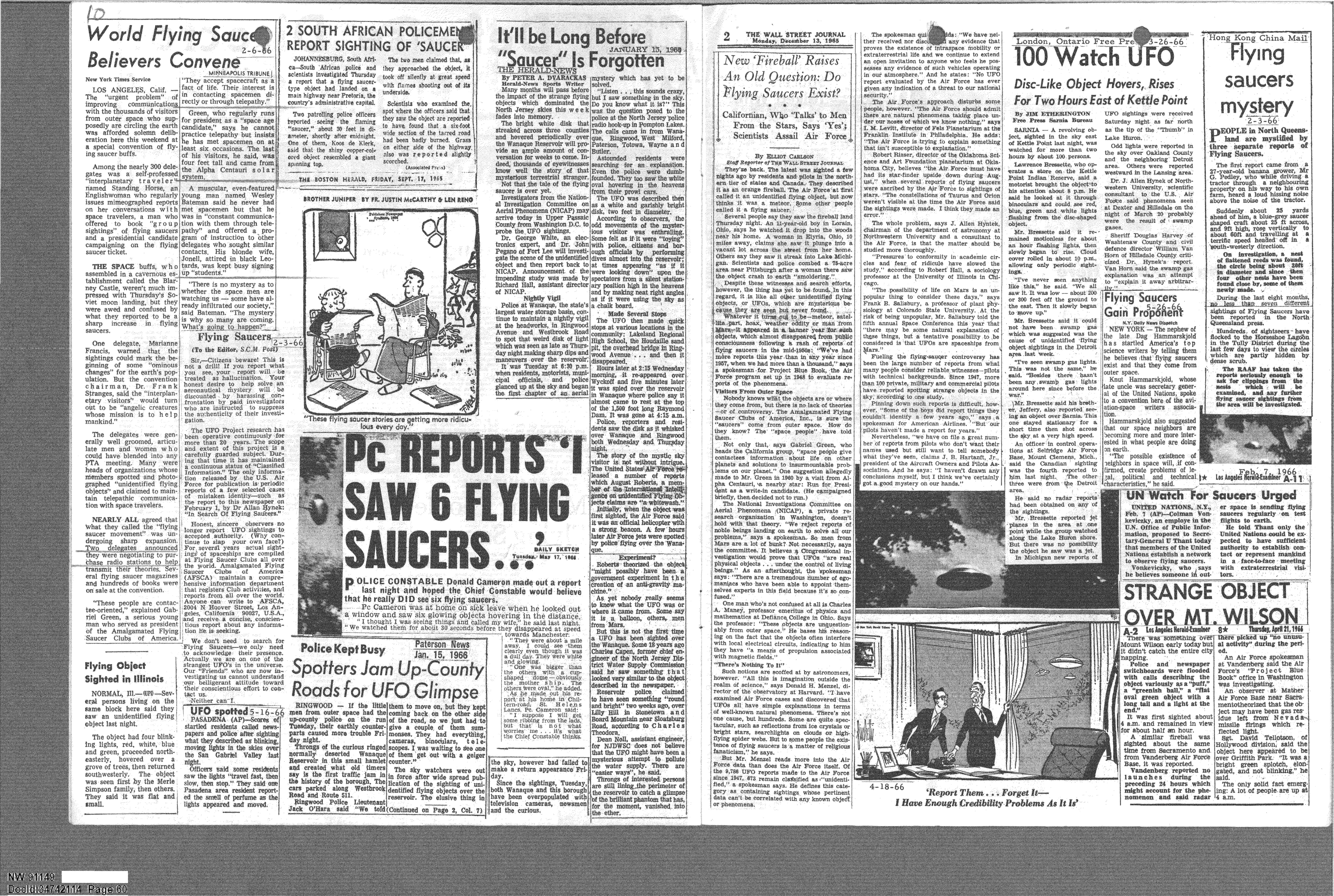 A collage of newspaper clippings about UFO sightings from sources like The Wall Street Journal and Hong Kong China Mail. Headlines include '2 SOUTH AFRICAN POLICEMEN REPORT SIGHTING OF 'SAUCER'', 'PC REPORTS I SAW 6 FLYING SAUCERS', and '100 WATCH UFO'.