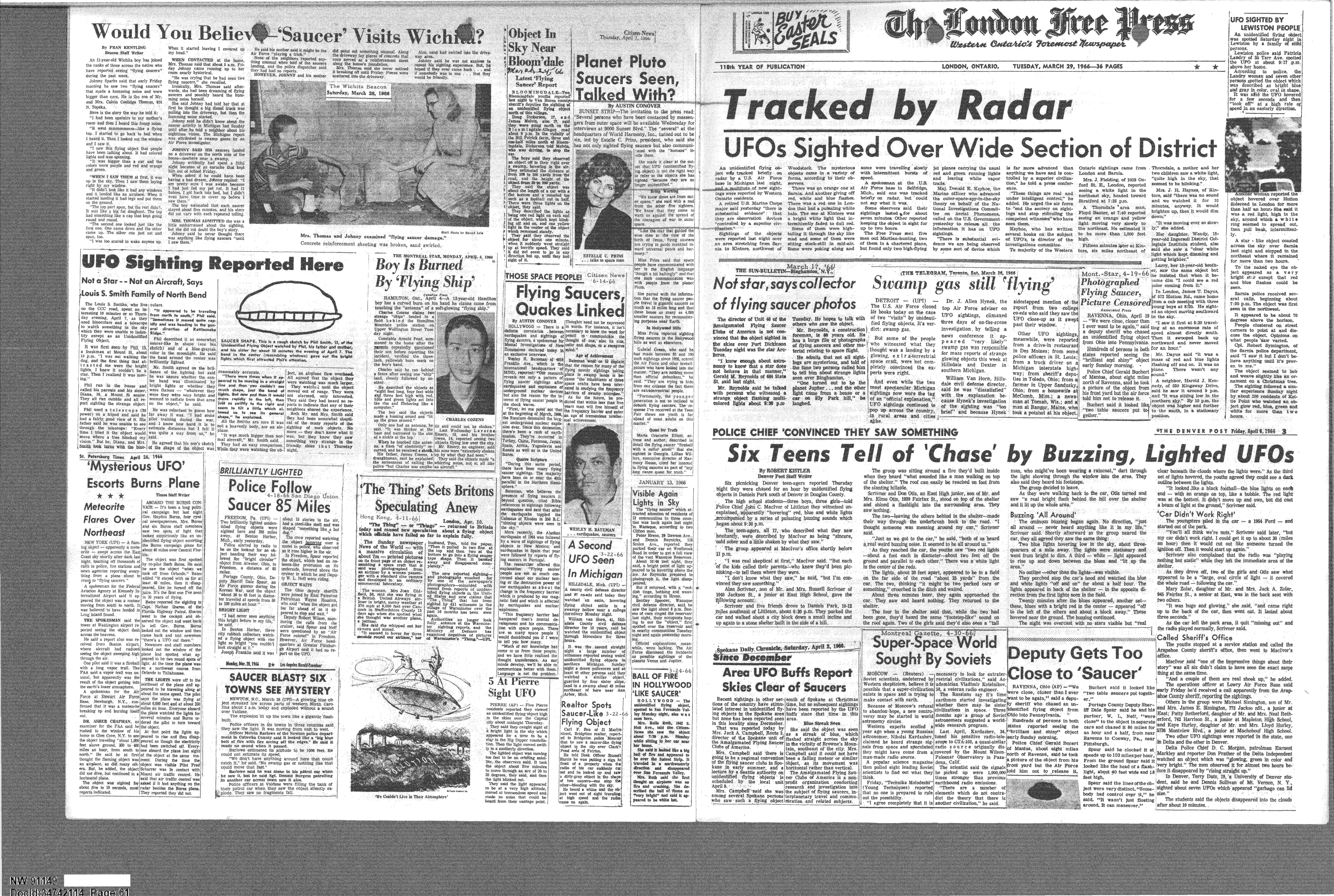 Collage of newspaper clippings about UFOs, primarily from The London Free Press, dated March 29, 1966. Headlines include 'Tracked by Radar', 'UFOs Sighted Over Wide Section of District', and 'Six Teens Tell of "Chase" by Buzzing, Lighted UFOs'.