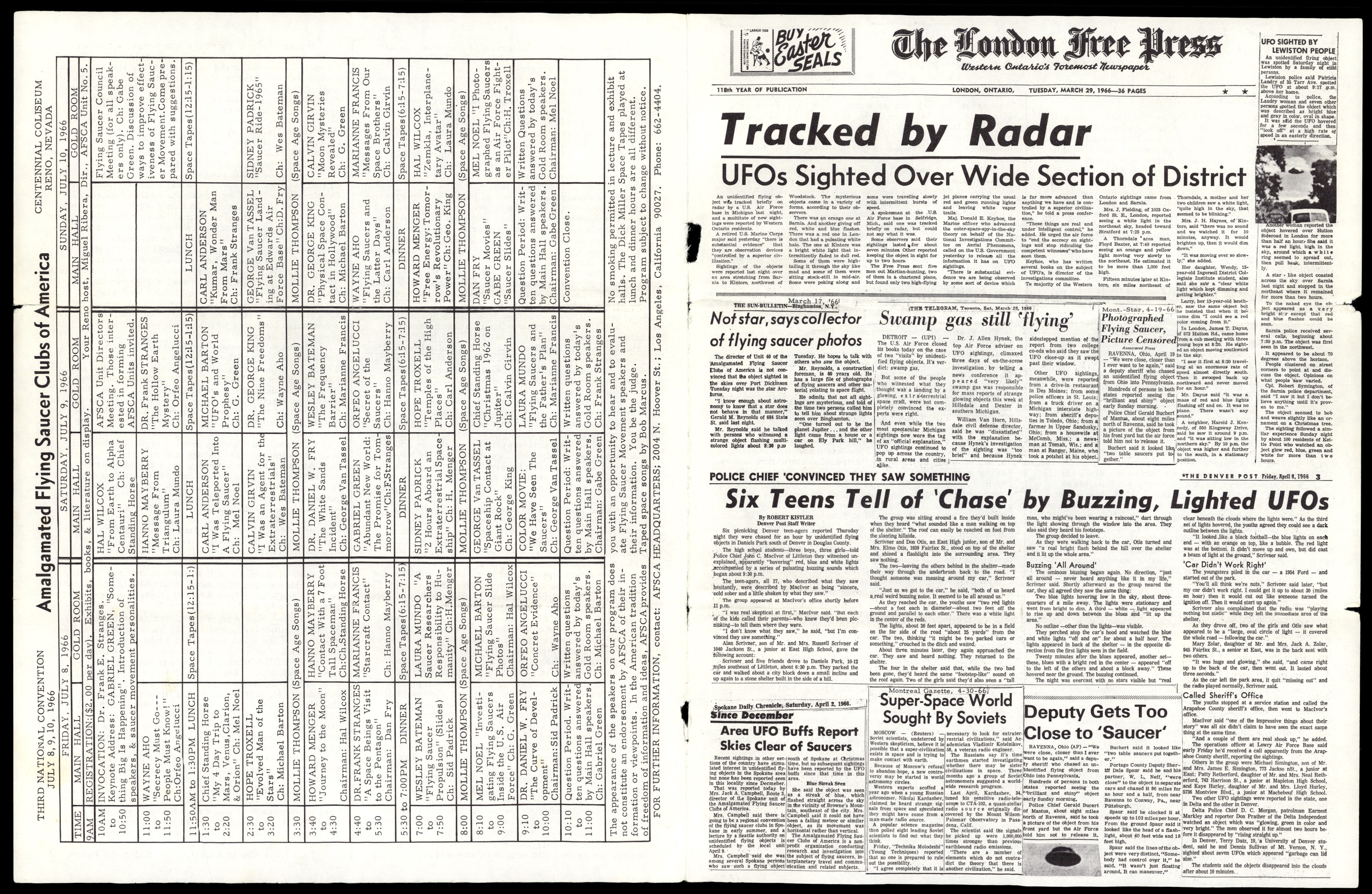 A collage of newspaper clippings and a convention schedule from the 'Flying Saucers International' magazine. The main headline is 'Tracked by Radar' from The London Free Press.