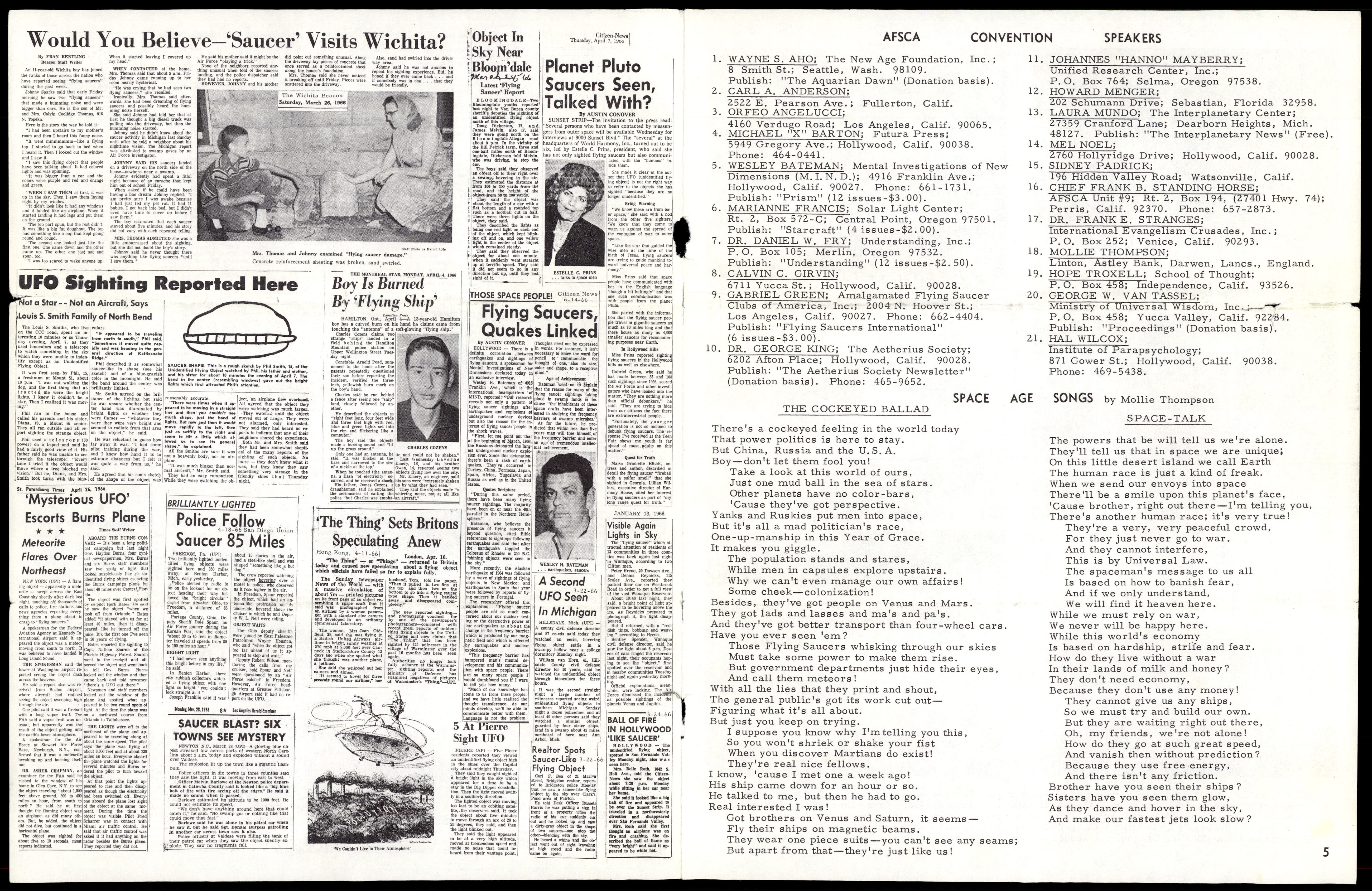 A collage of newspaper clippings from the 'Flying Saucers International' magazine, with headlines such as 'Would You Believe--"Saucer" Visits Wichita?' and 'Boy Is 'Burned' By 'Flying Ship'.