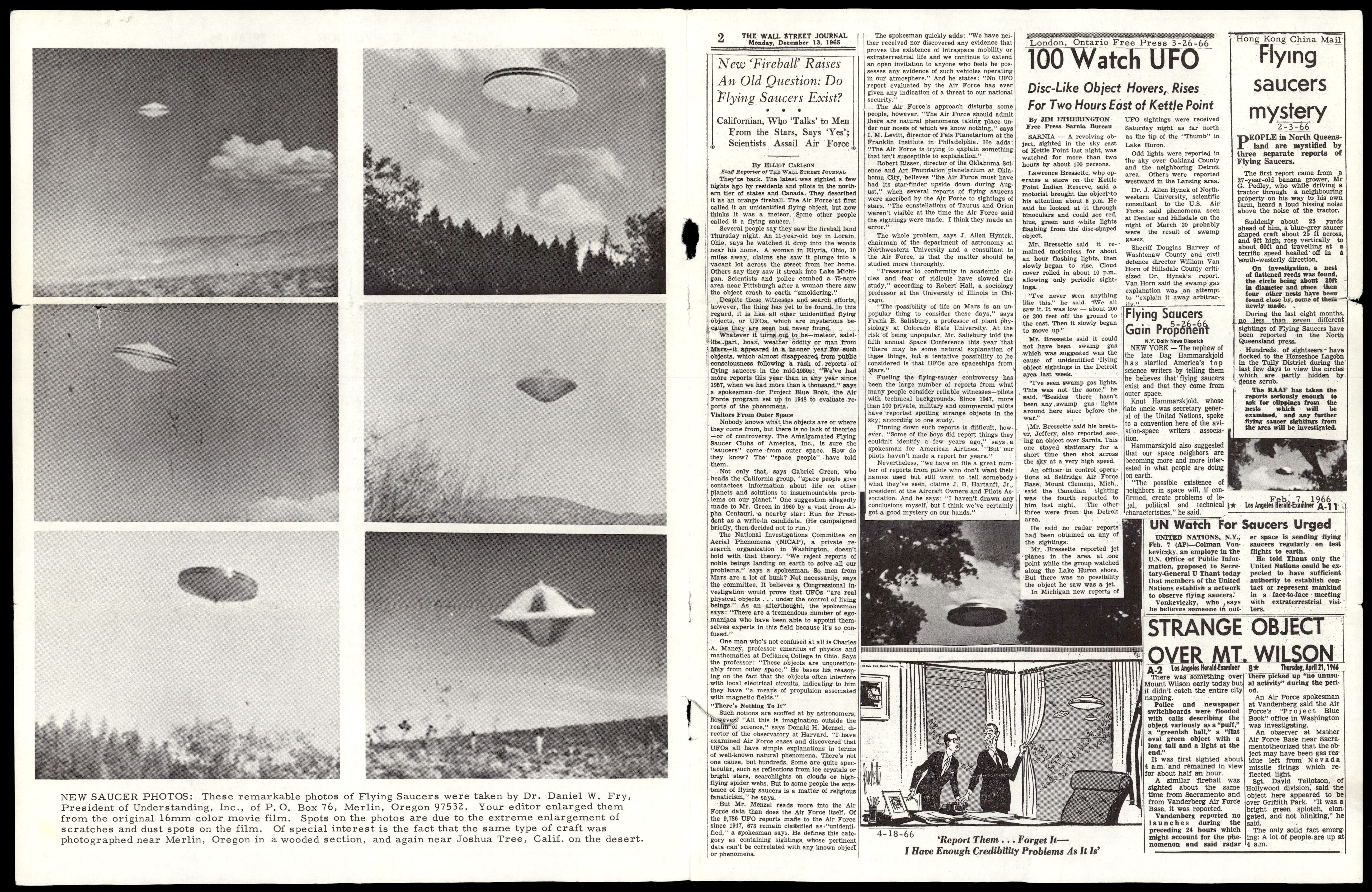 A collage of newspaper clippings and UFO photographs from the 'Flying Saucers International' magazine. Headlines include 'New 'Fireball' Raises An Old Question: Do Flying Saucers Exist?' and '100 Watch UFO'.