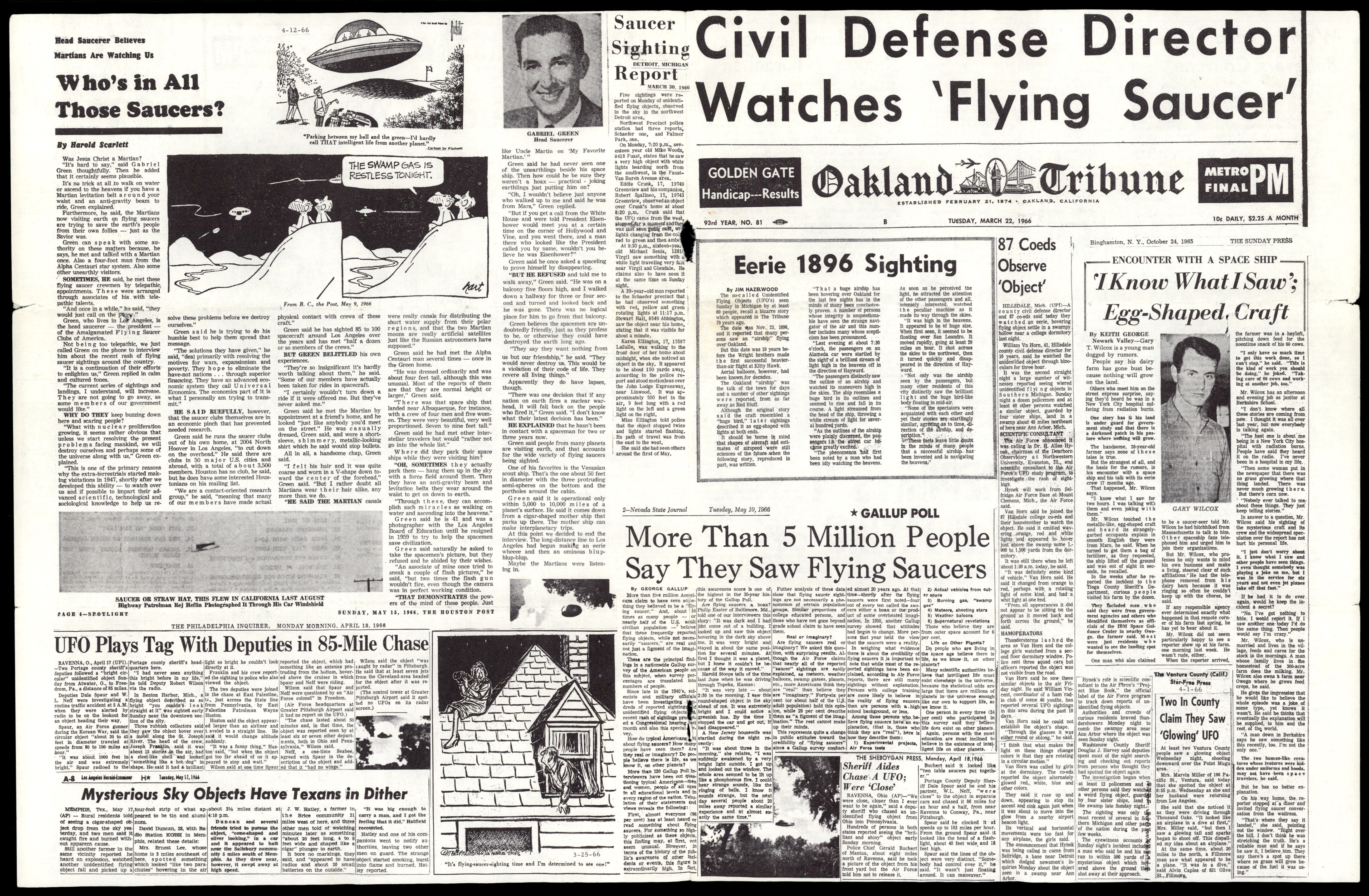 A collage of newspaper clippings from the 'Flying Saucers International' magazine, with headlines such as 'Civil Defense Director Watches 'Flying Saucer'' and 'Who's In All Those Saucers?'.