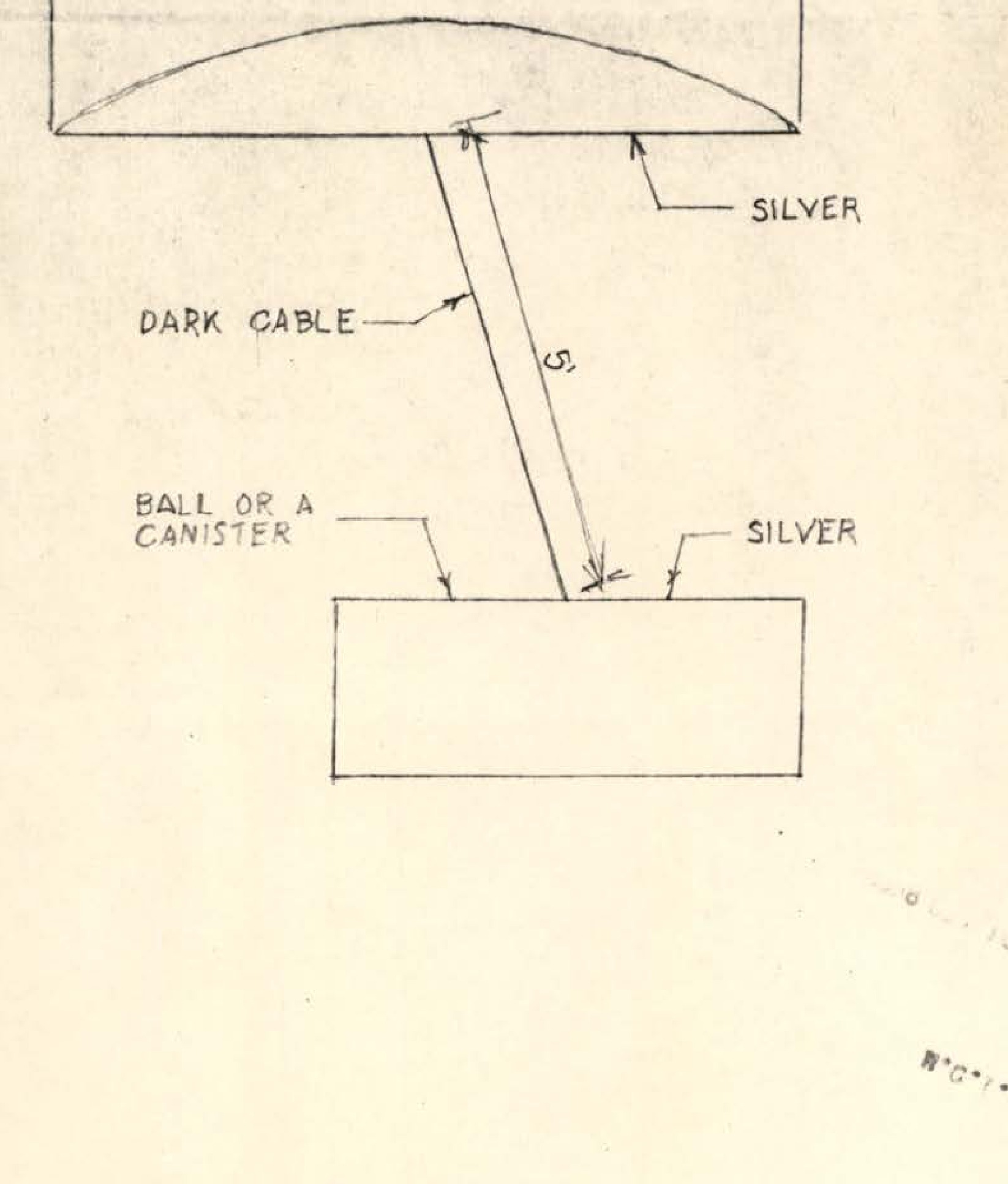 Technical diagram showing an 8-foot silver object connected by a 5-foot dark cable to a ball or canister below, with silver components labeled