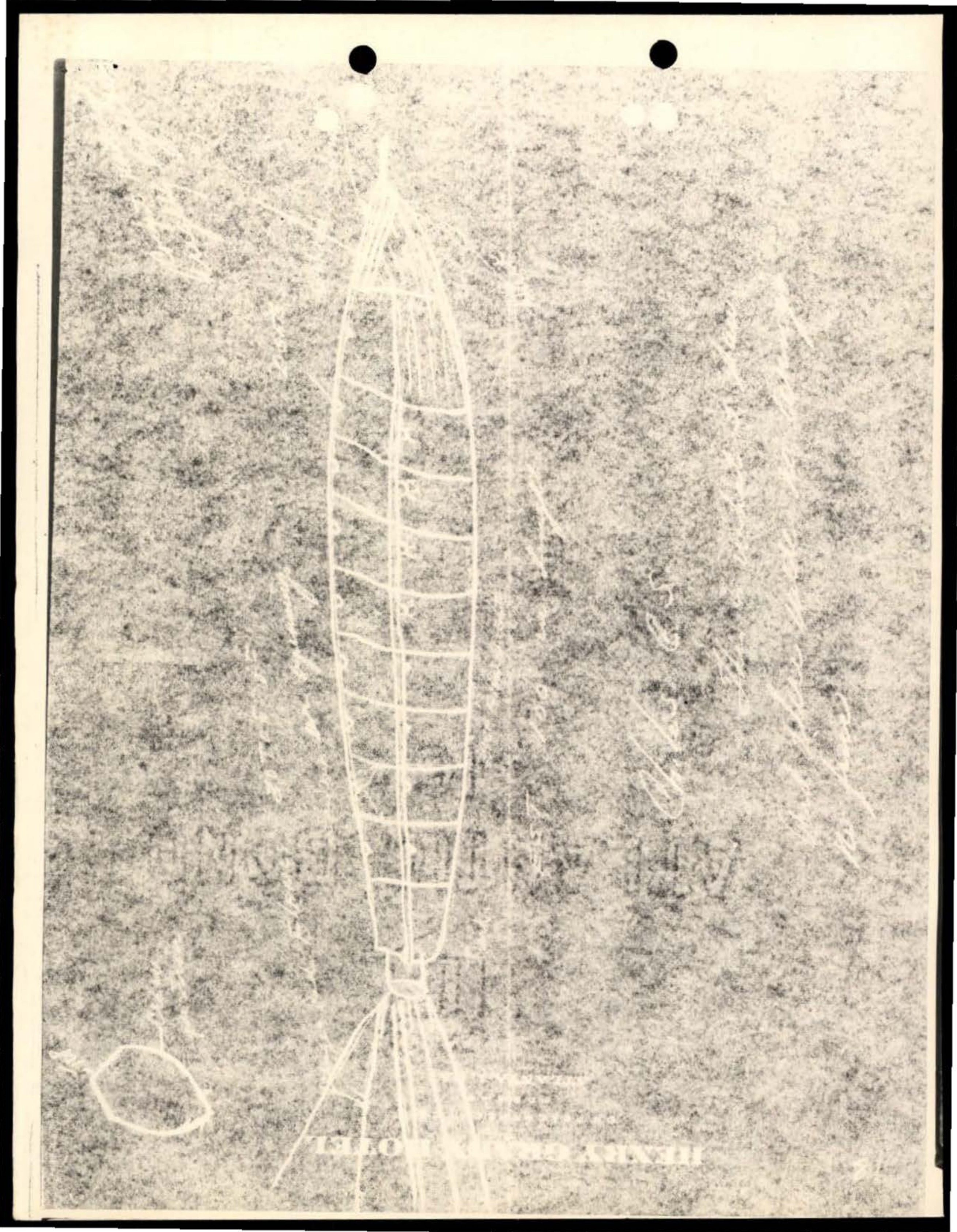 White line drawing or sketch on grainy/textured background showing what appears to be a ladder-like or tower structure with geometric patterns