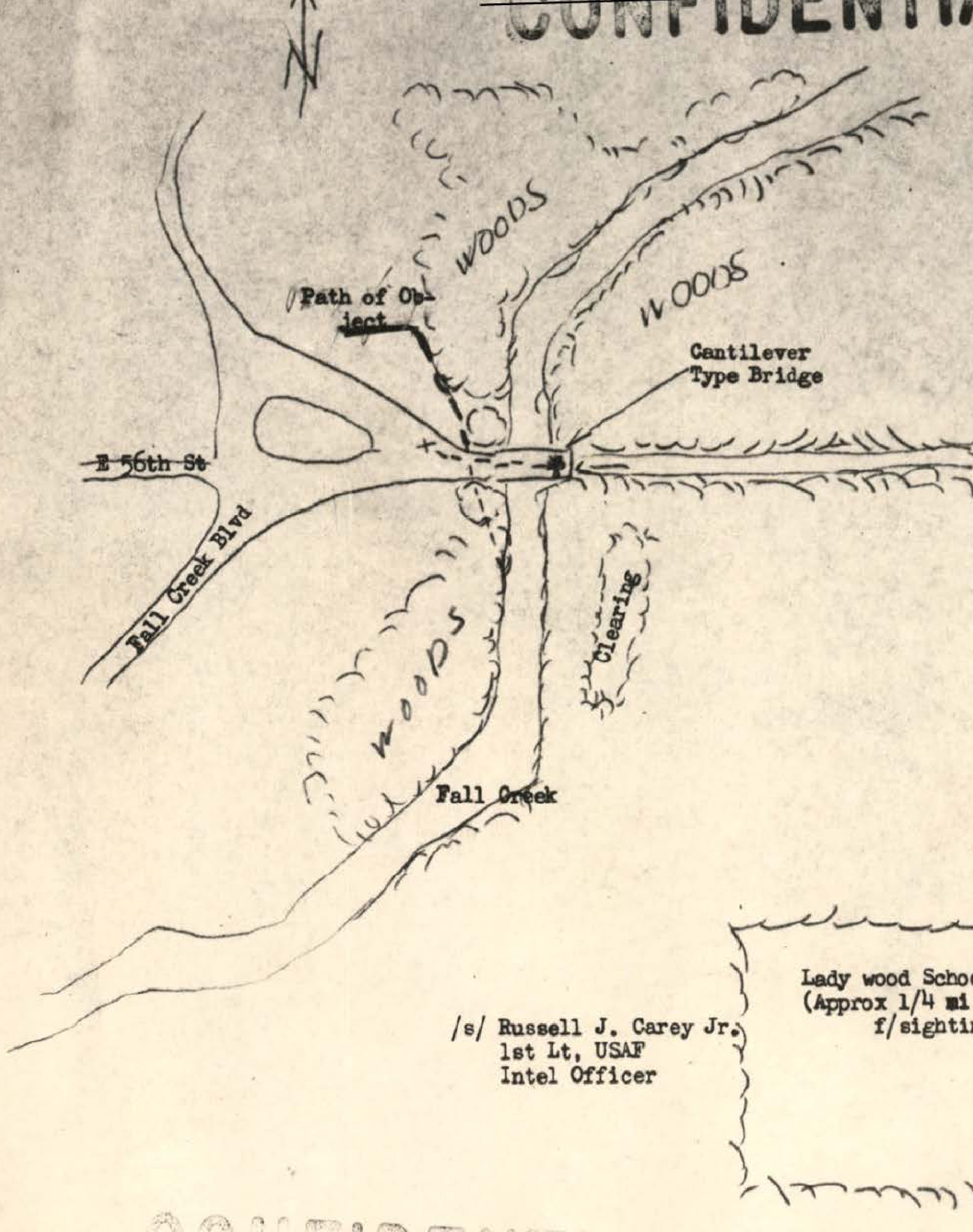 Hand-drawn map showing path of object, roads (E 96th St, Fall Creek Blvd), wooded areas, cantilever bridge, and Lady wood School location