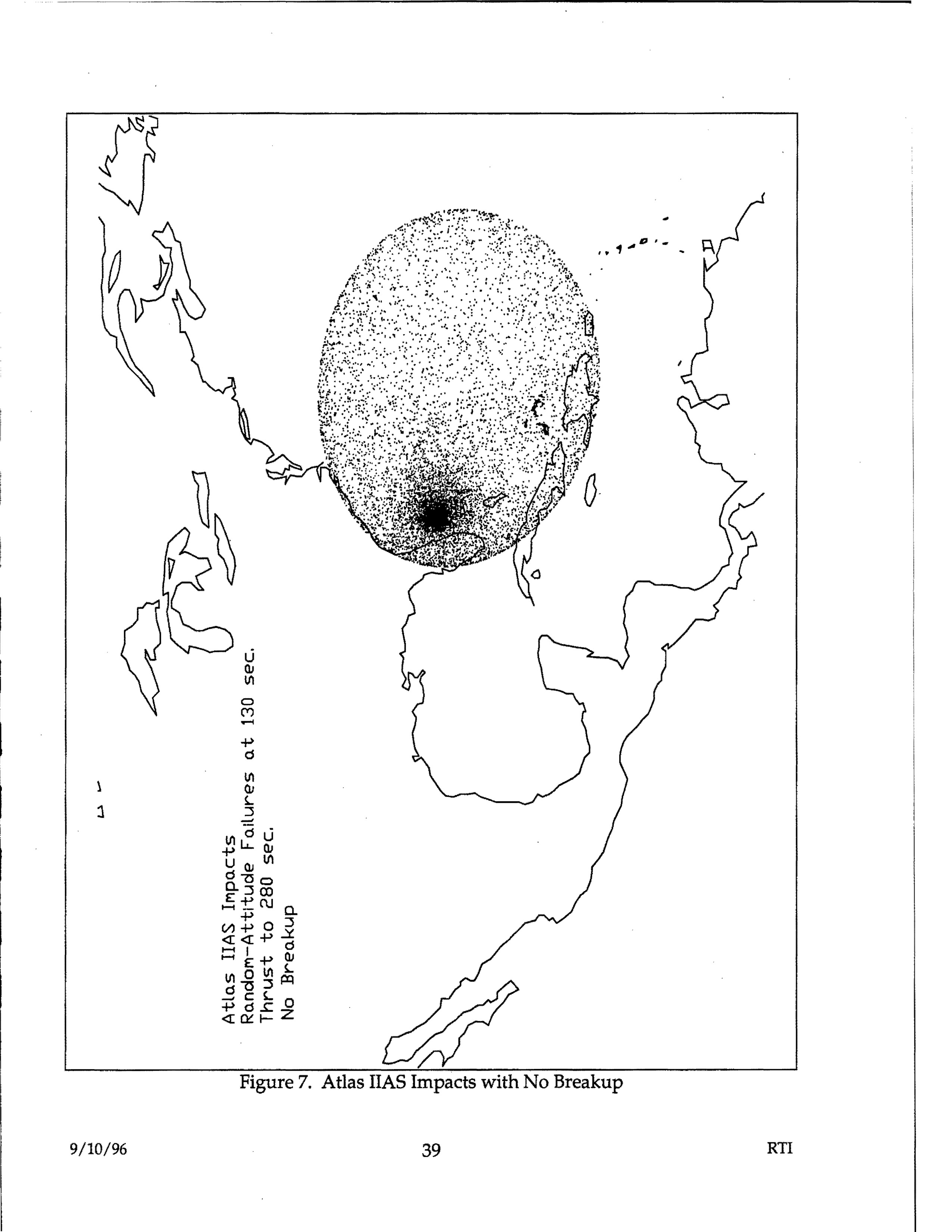Atlas IIAS Impacts with No Breakup - map showing random-attitude failures at t30 sec thrust to 280 sec with impact footprint overlay