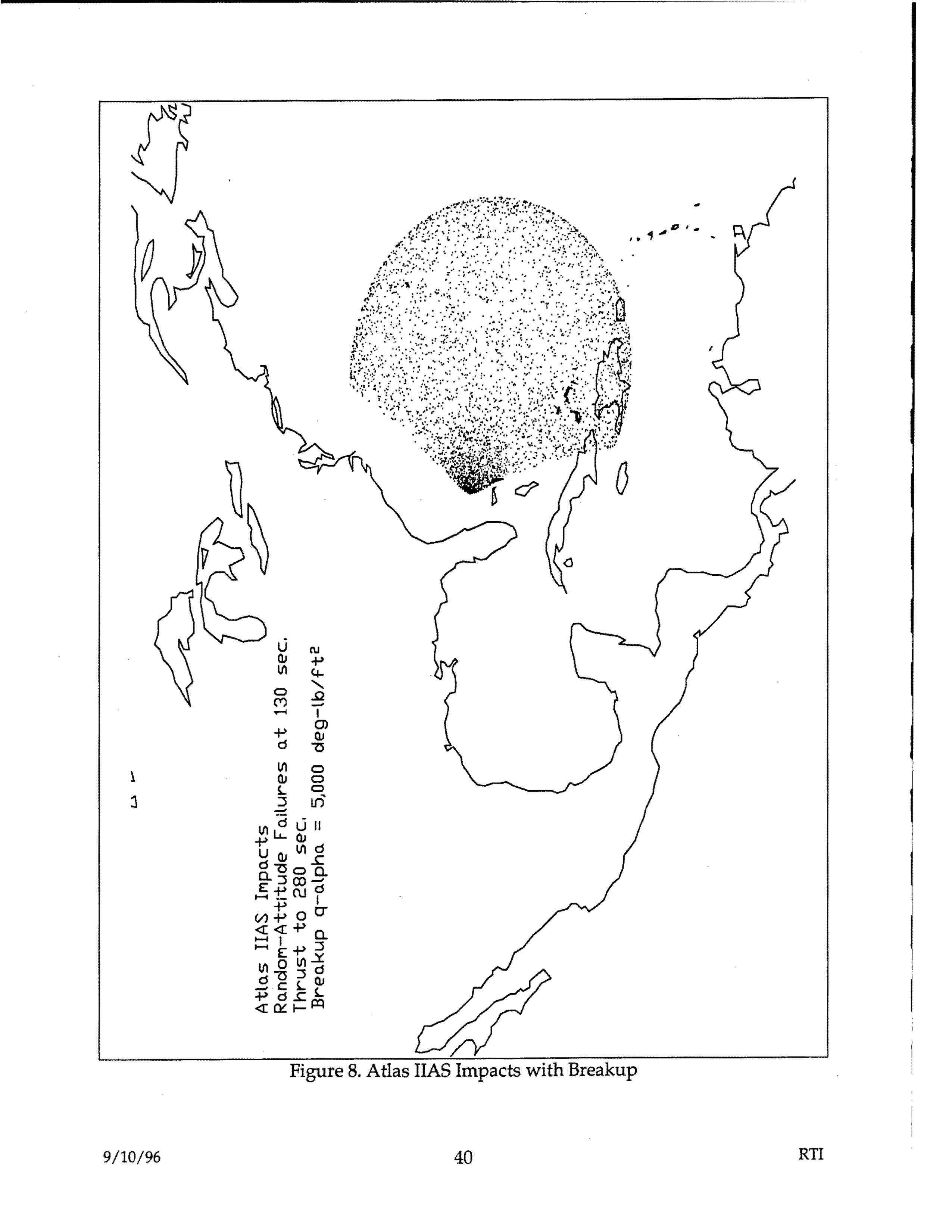 Atlas IIAS Impacts with Breakup - Random-Attitude Failures at 130 sec, Thrust to 230 sec, Breakup q-alpha = 5000 deg-lb/ft²