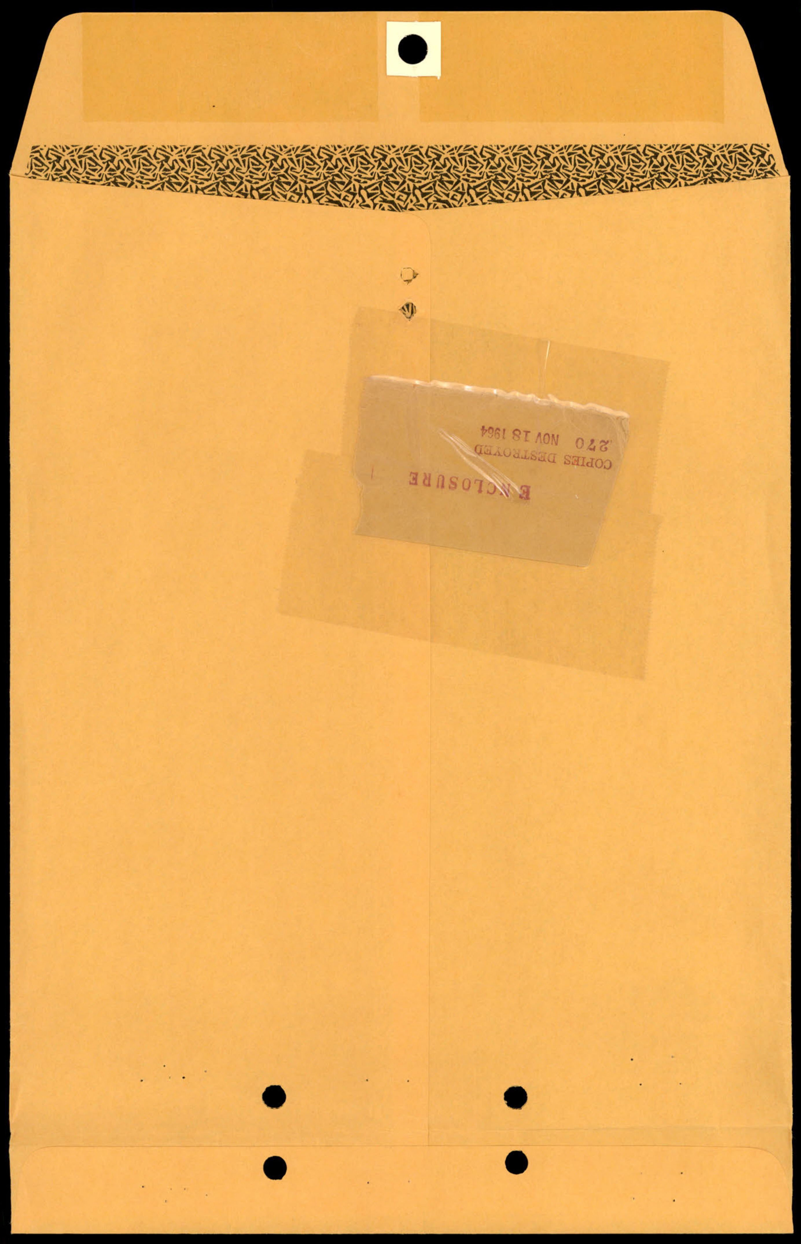 A manila envelope with a taped-on label indicating 'ENCLOSURE' and 'COPIES DESTROYED'.