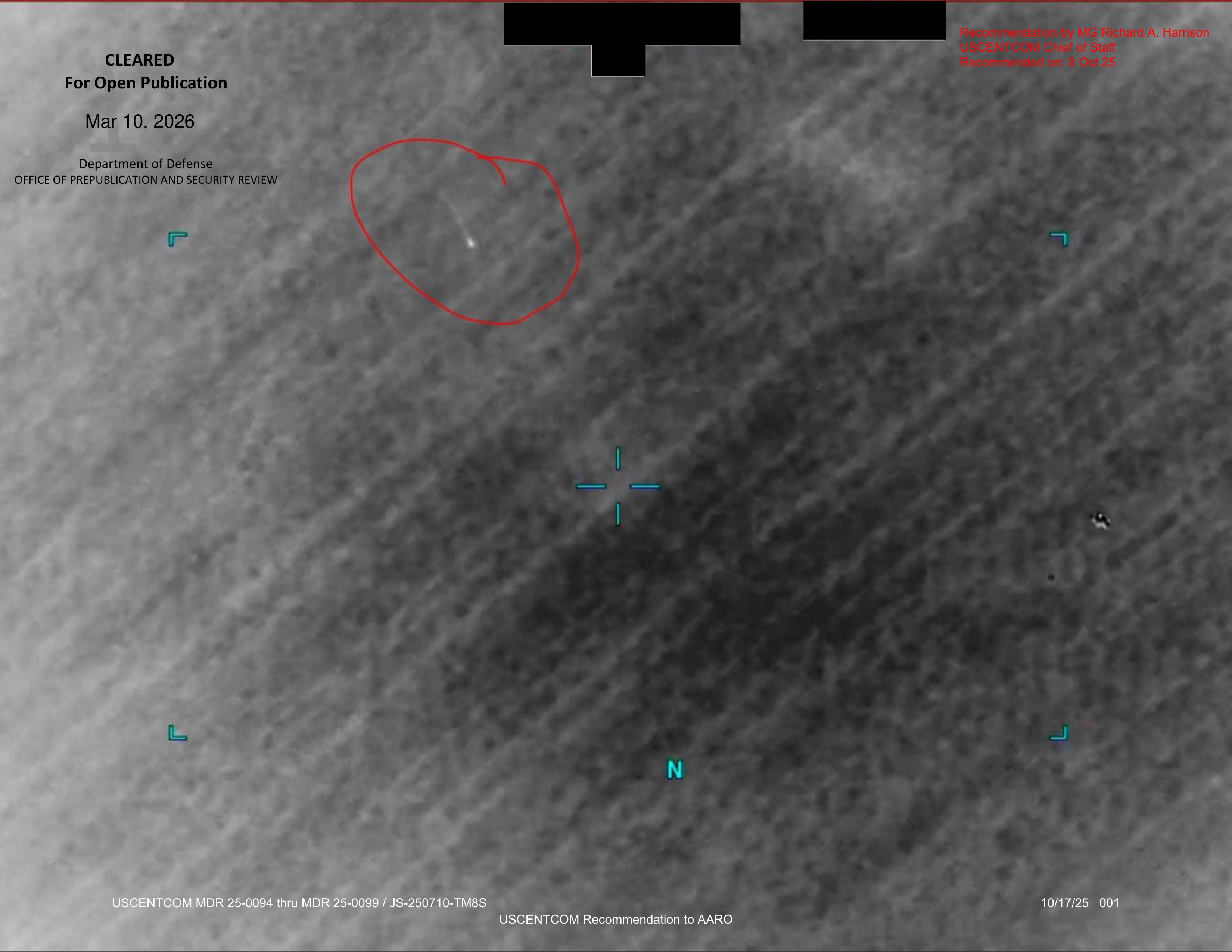 A grayscale sensor image displaying an unidentified luminous object, with targeting reticles and other on-screen data.