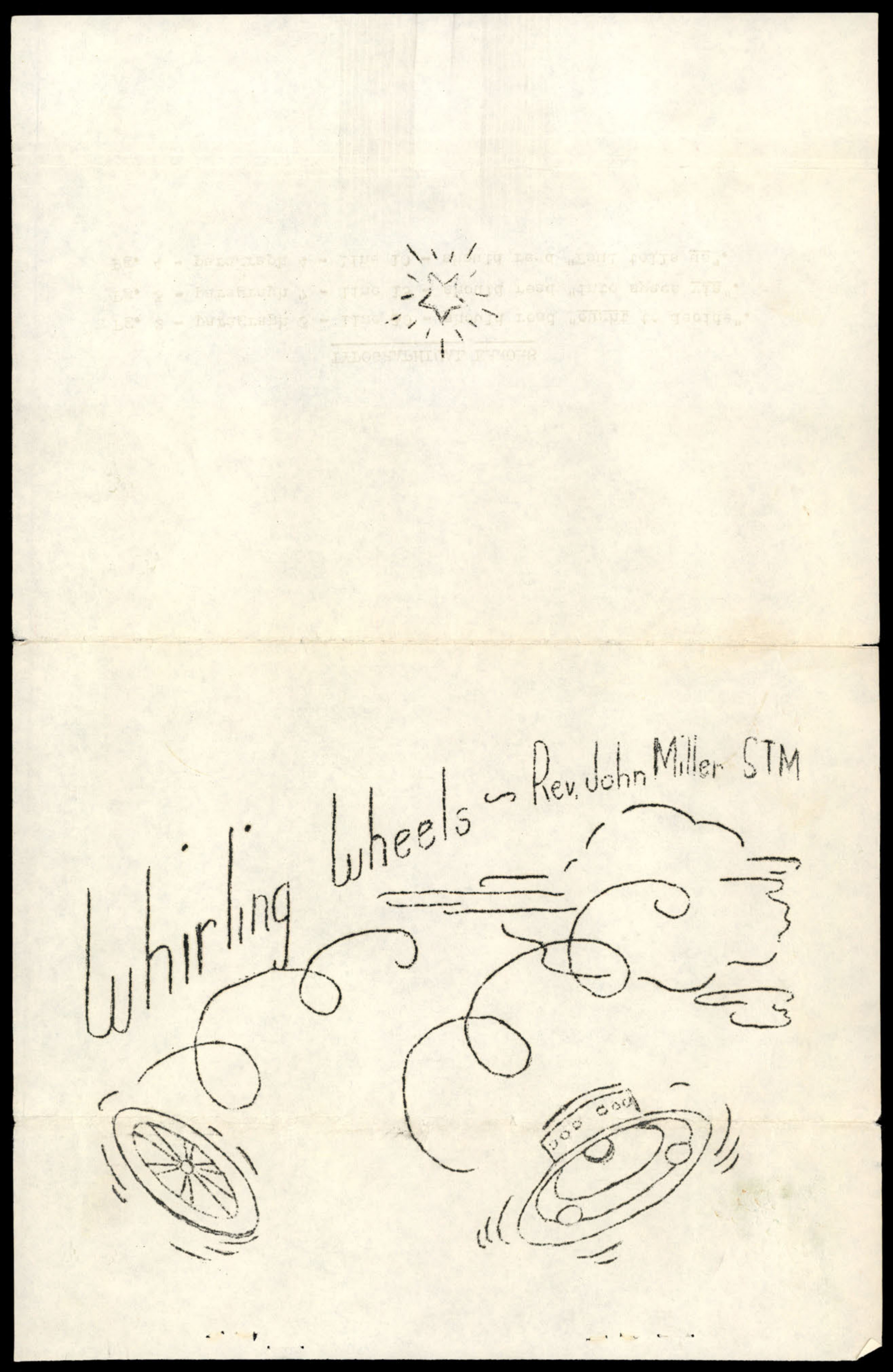 A sketch depicting flying saucers, titled 'whirling wheels'.