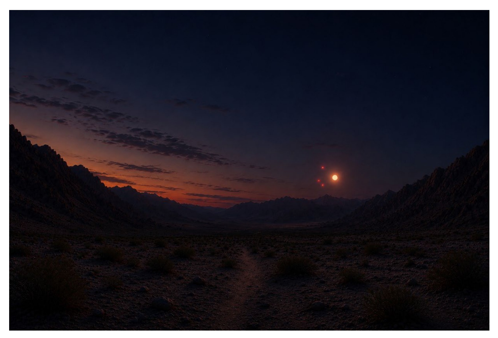 AI-generated image for Incident 1, showing orbs in a dusky mountain valley.