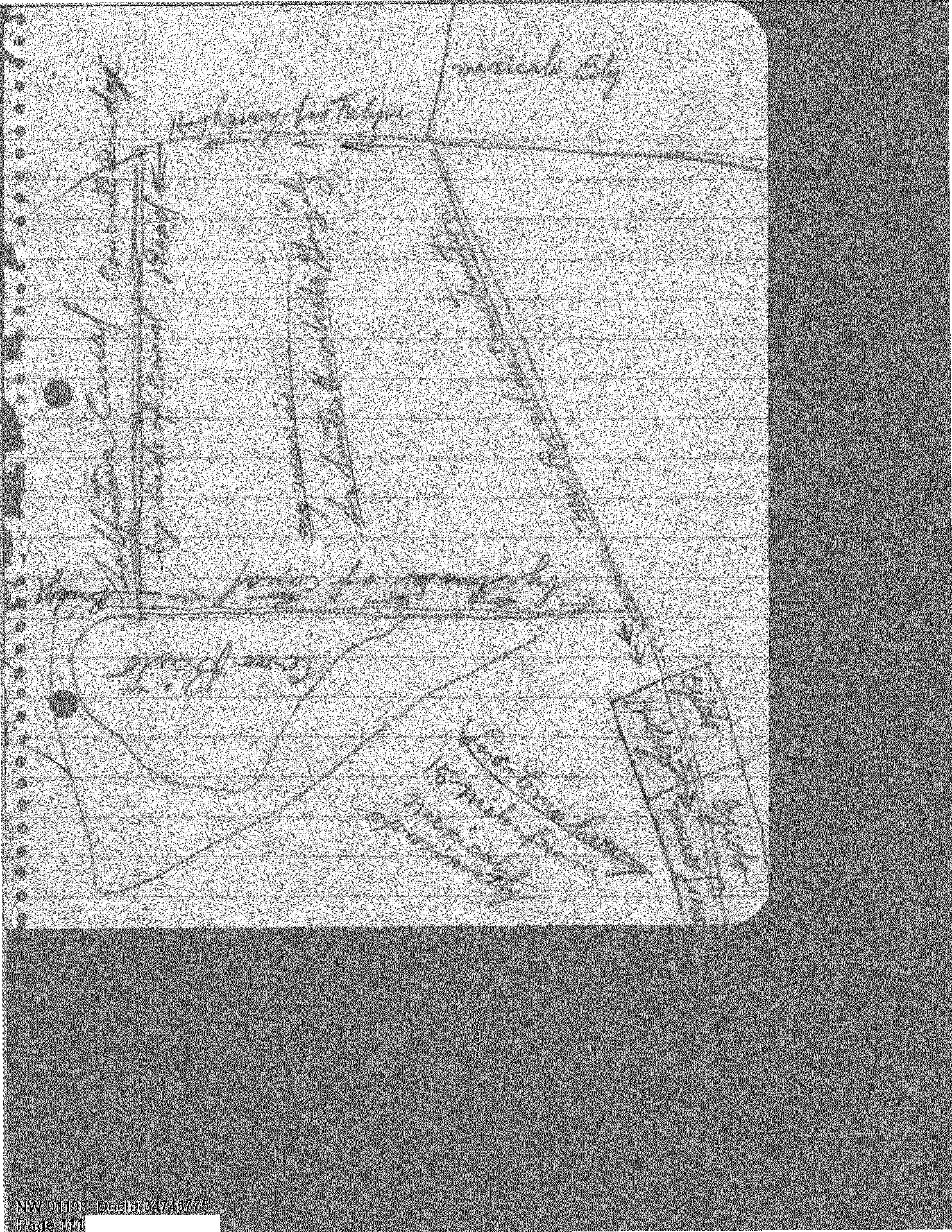 A hand-drawn map showing the location of a UFO sighting near Cerro Prieto, Mexico.