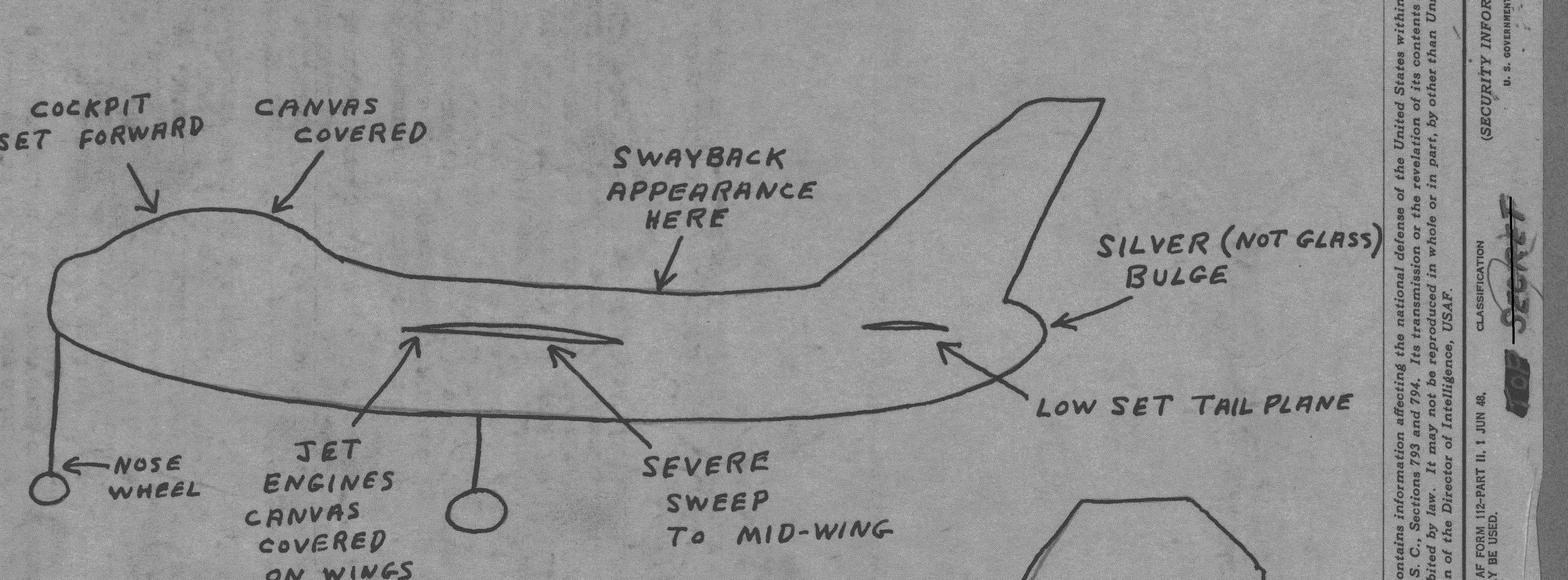 Side profile sketch of jet bomber aircraft with labeled features