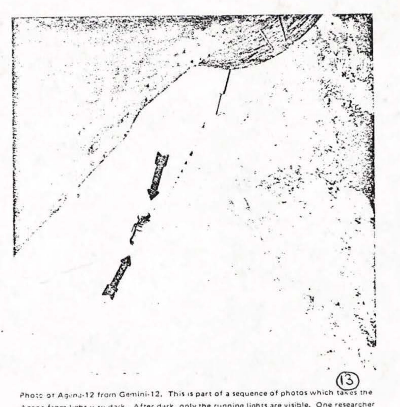 Photo of Agena-12 from Gemini-12. This is part of a sequence of photos which takes the Agena from light to dark. After dark, only the running lights are visible. One researcher has widely published this latter photograph as a "UFO", "said by NASA to be Agena tracking lights". NASA photo S-66-63101.