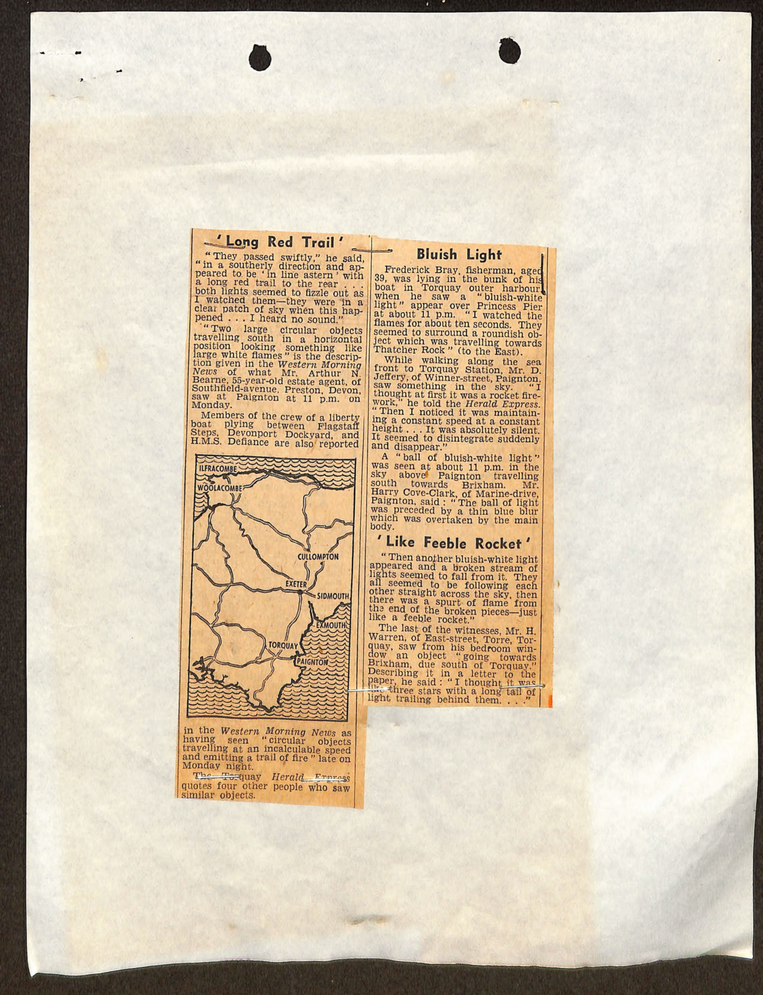 Newspaper clipping with map of Devon coast showing sighting locations and multiple witness accounts of UFO sightings