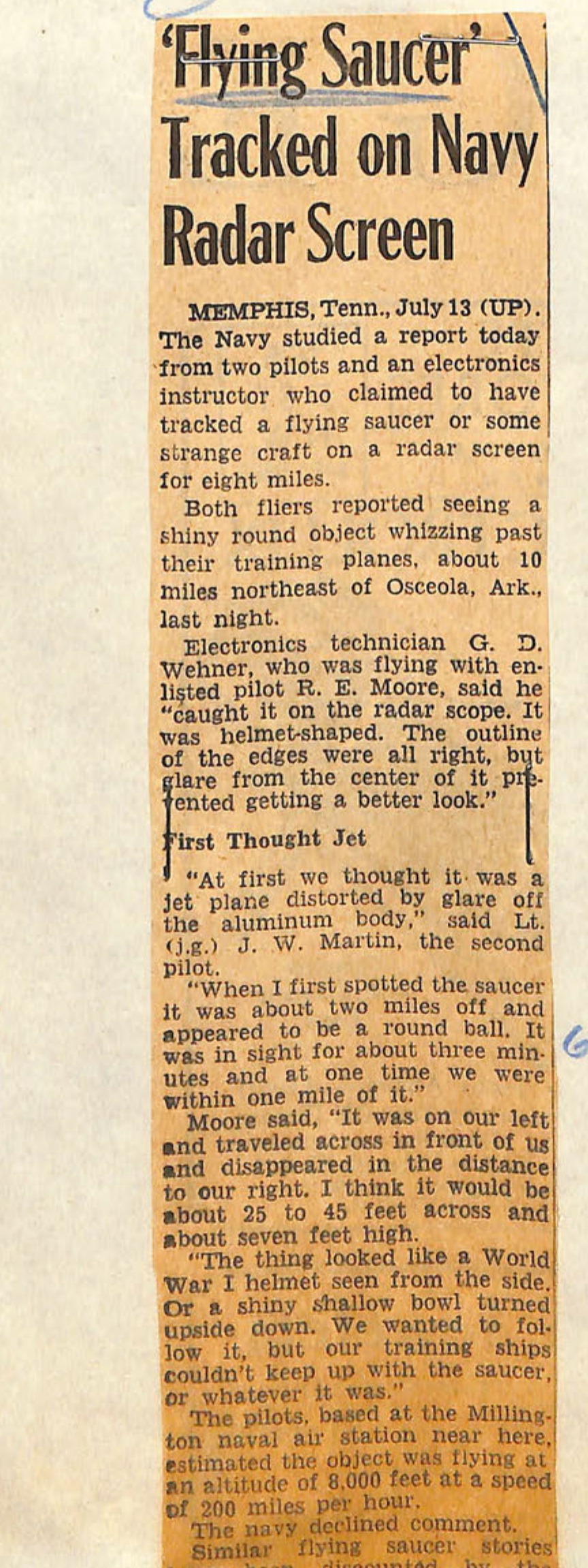 Newspaper clipping about flying saucer tracked on Navy radar screen