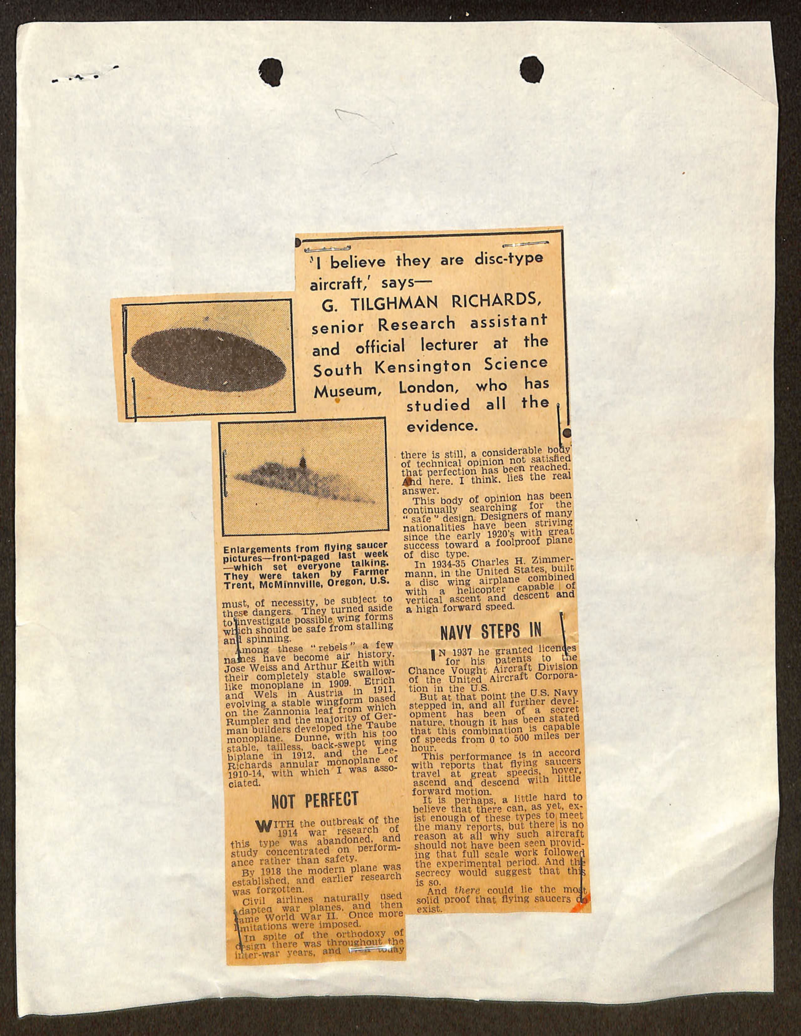 Newspaper clipping with two flying saucer photographs and article by G. Tilghman Richards discussing disc-type aircraft development and Navy involvement