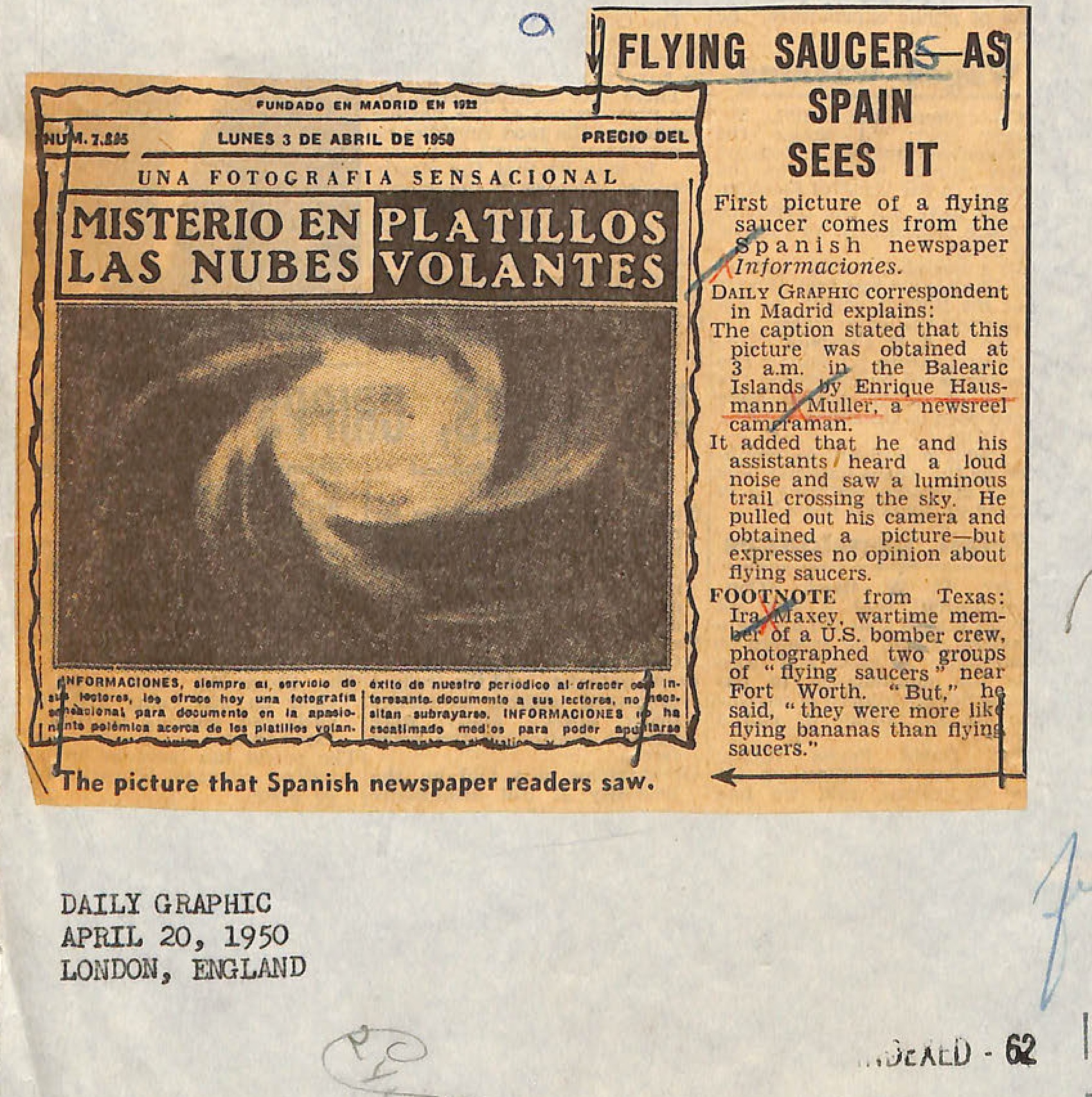 Spanish newspaper clipping showing alleged flying saucer photograph from Balearic Islands with headline 'MISTERIO EN LAS NUBES PLATILLOS VOLANTES' and English translation article