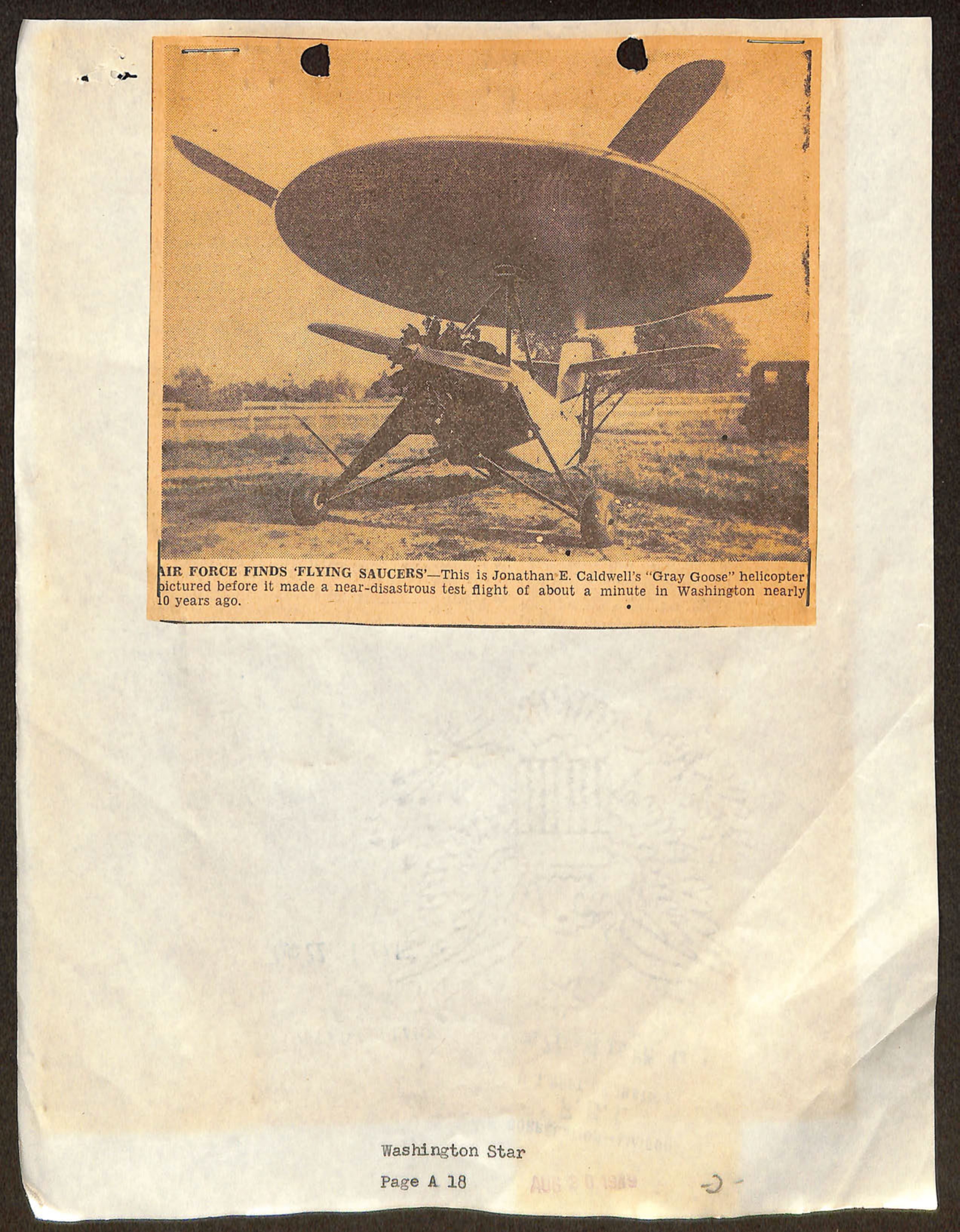 AIR FORCE FINDS 'FLYING SAUCERS' - This is Jonathan E. Caldwell's "Gray Goose" helicopter pictured before it made a near-disastrous test flight of about a minute in Washington nearly 10 years ago.