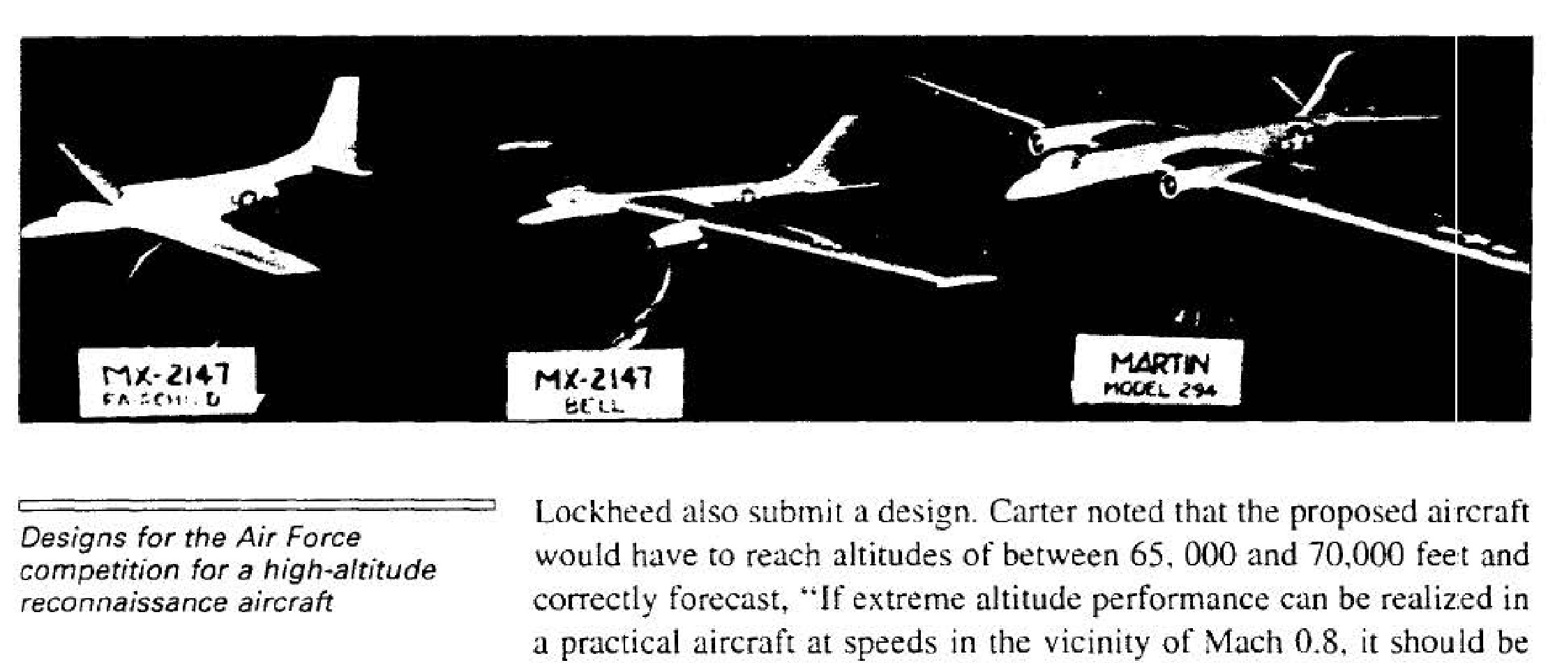 Designs for the Air Force competition for a high-altitude reconnaissance aircraft