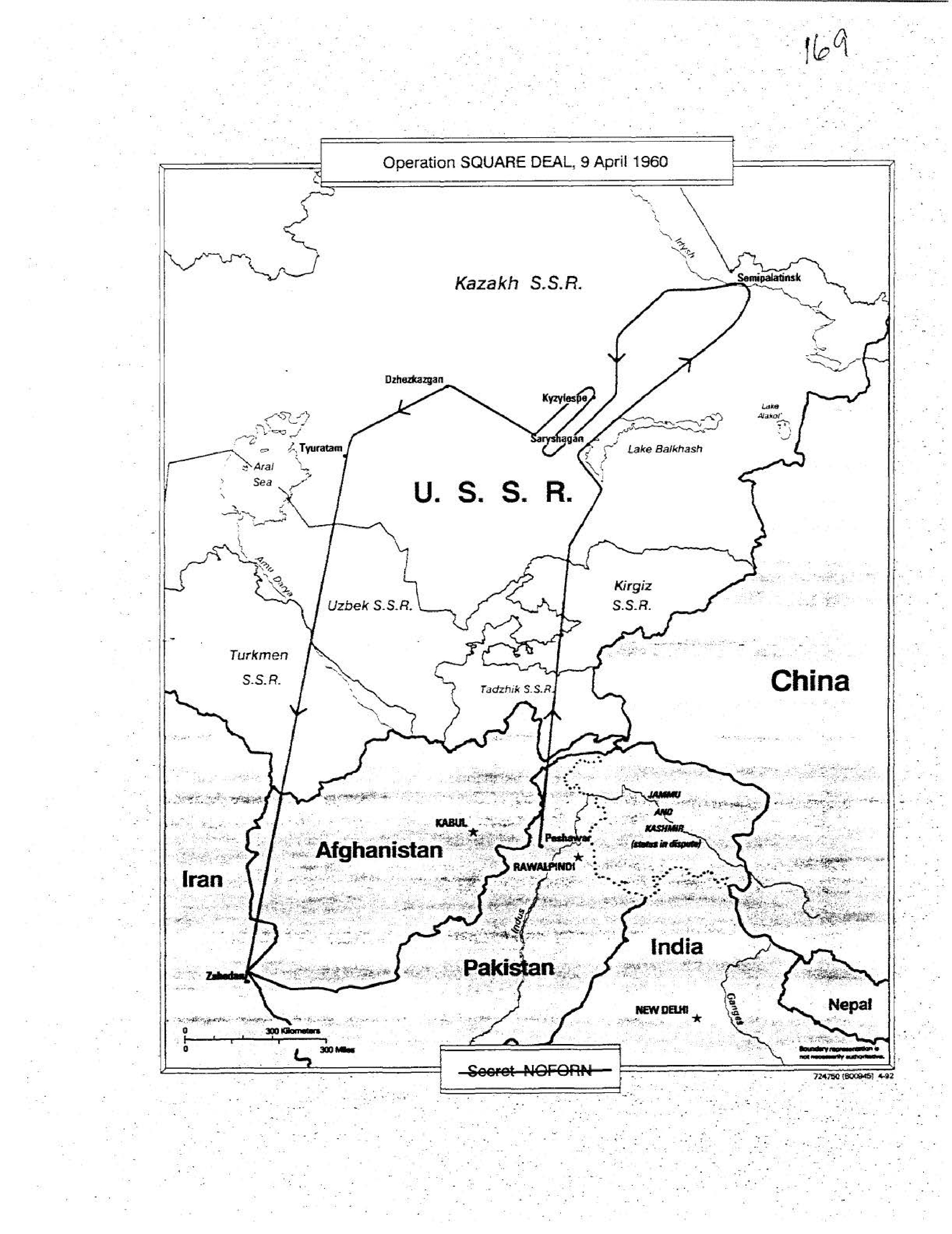 Map depicting the flight path of Operation SQUARE DEAL on 9 April 1960 over the USSR, originating from Peshawar, Pakistan.