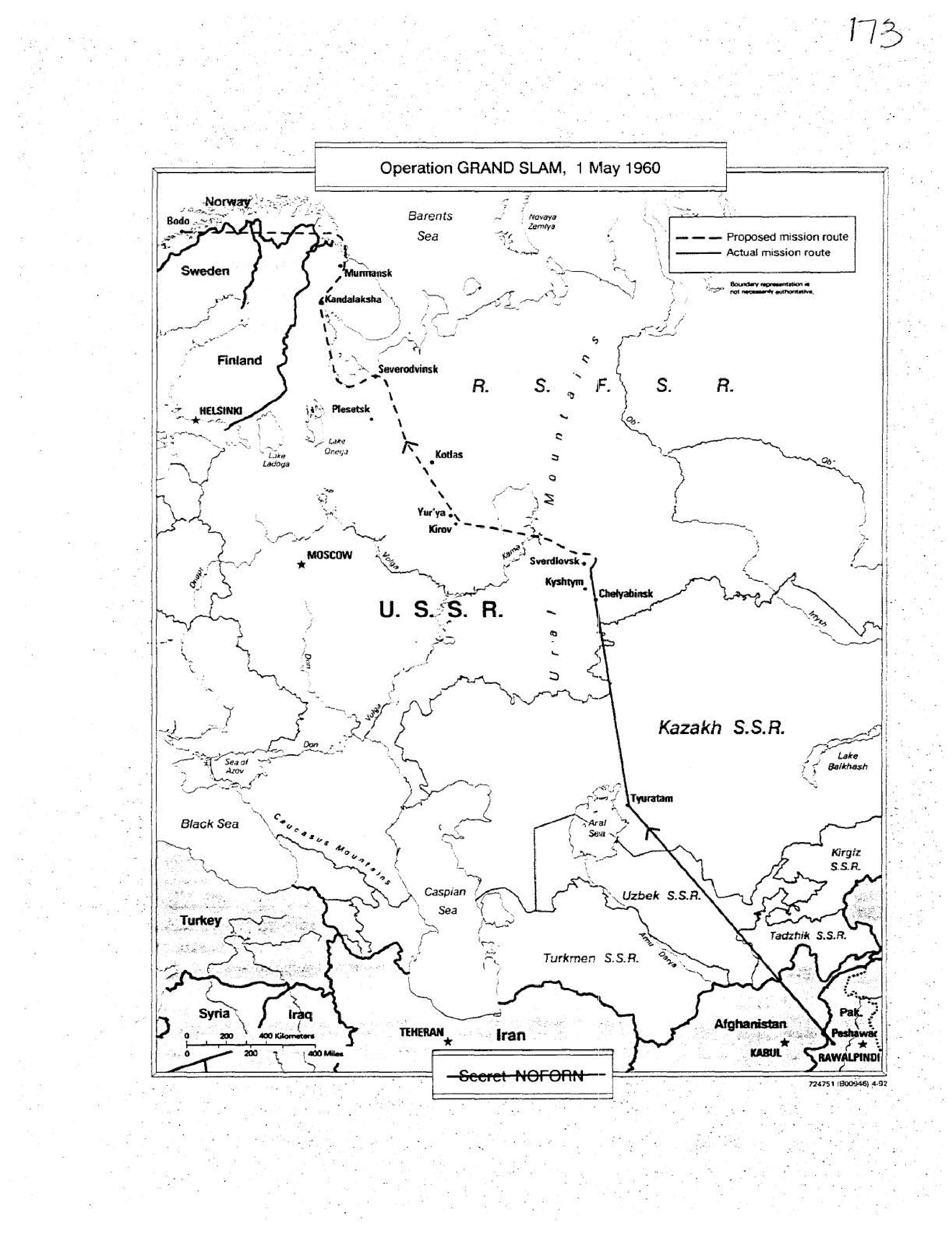 Map depicting the proposed and actual mission routes for Operation GRAND SLAM on 1 May 1960.