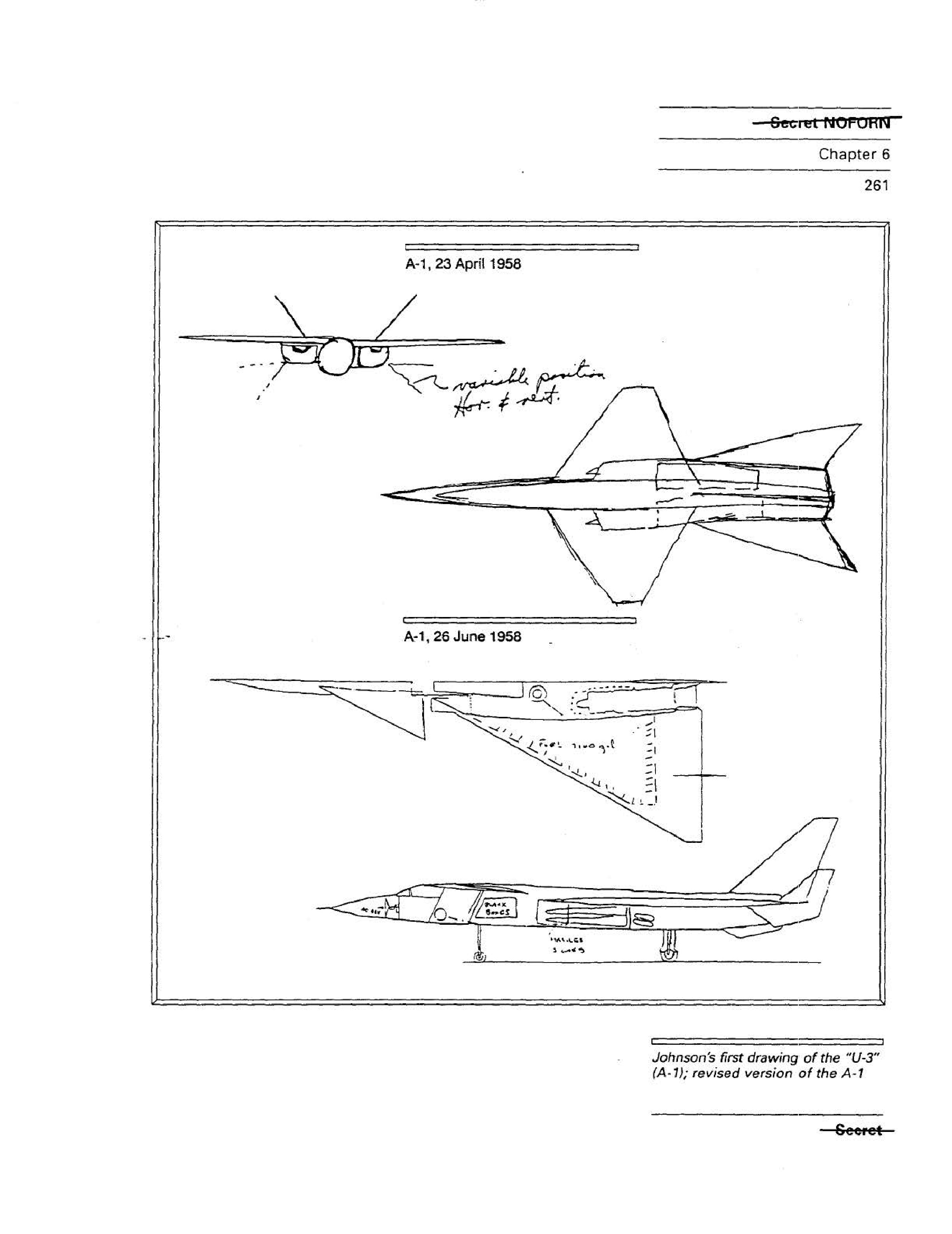 Sketches of the A-1 aircraft design from April and June 1958.
