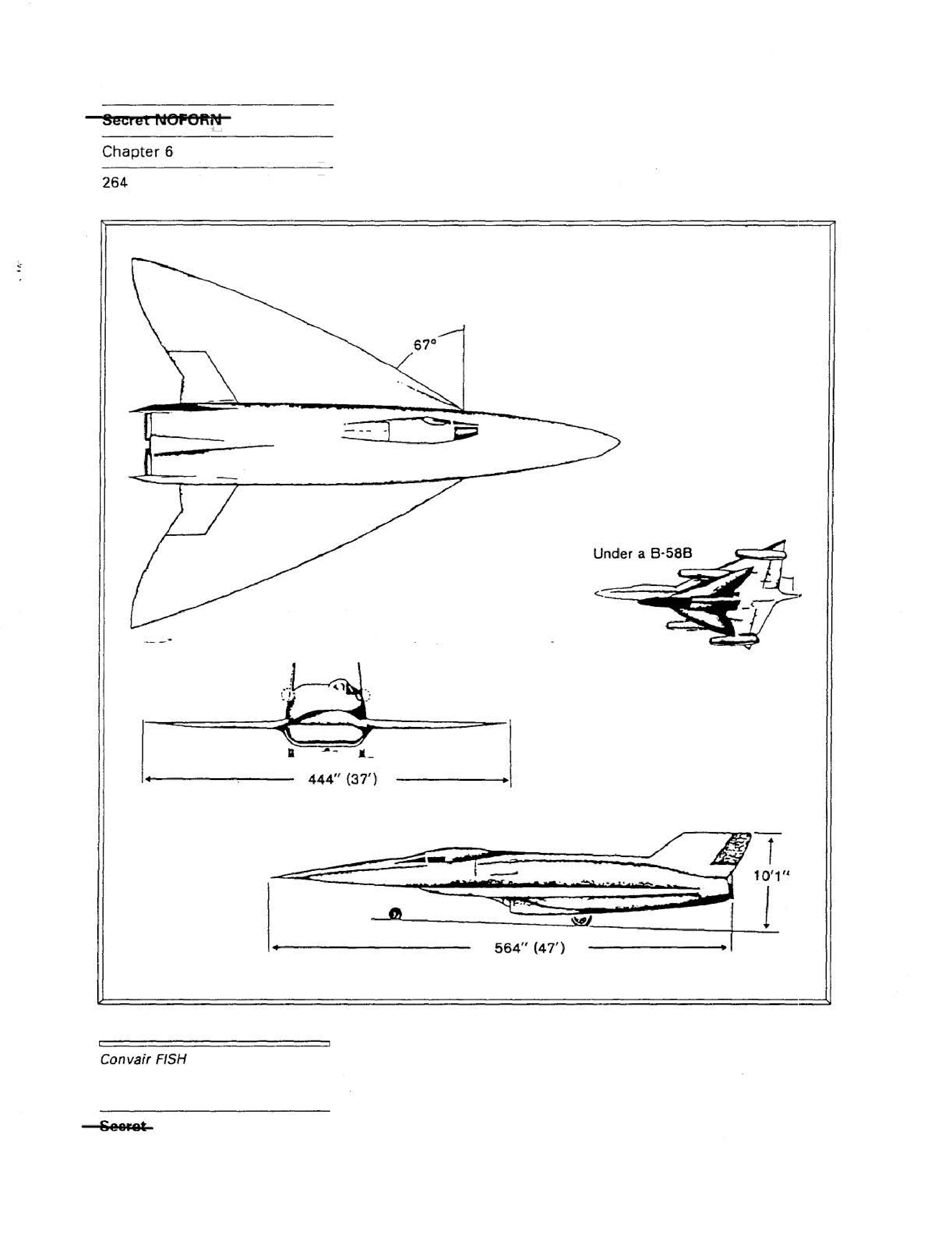 Diagrams of the Convair FISH aircraft, showing dimensions and its placement under a B-58B bomber.
