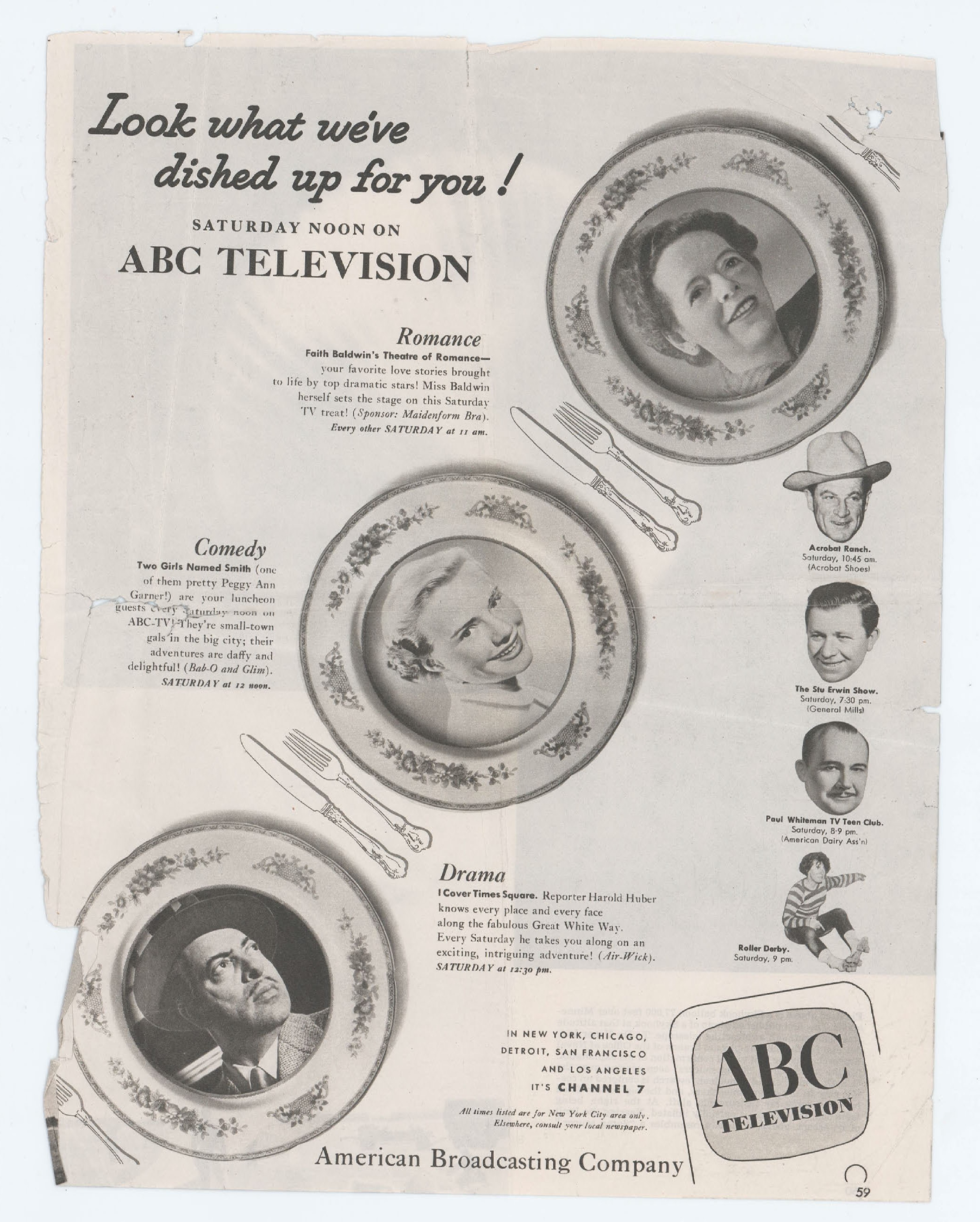 ABC Television advertisement showing Saturday programming with three circular plate images containing portraits of performers, silverware illustrations, and promotional text for Romance, Comedy, and Drama shows