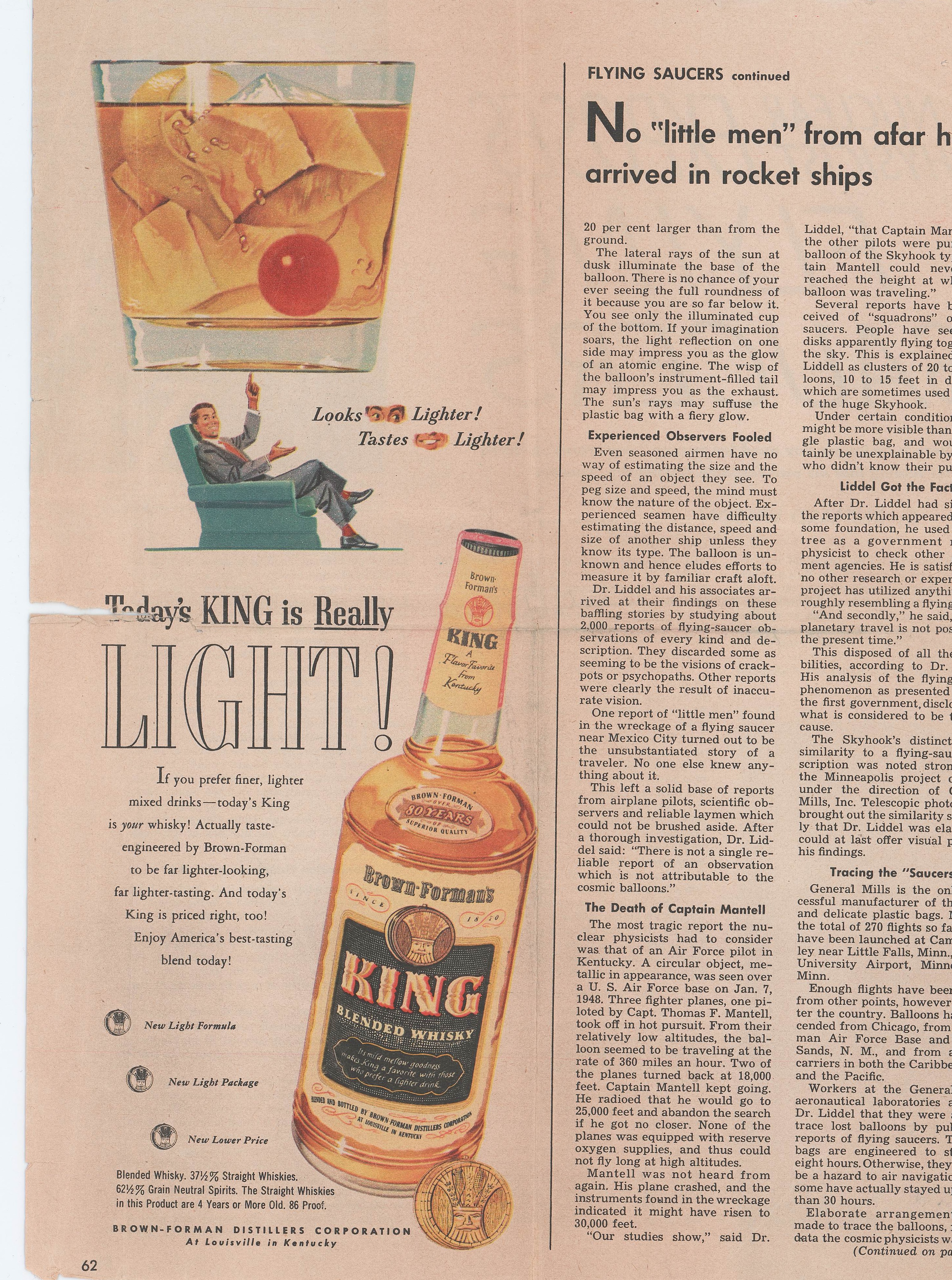 King whisky advertisement showing glass with ice and product bottle