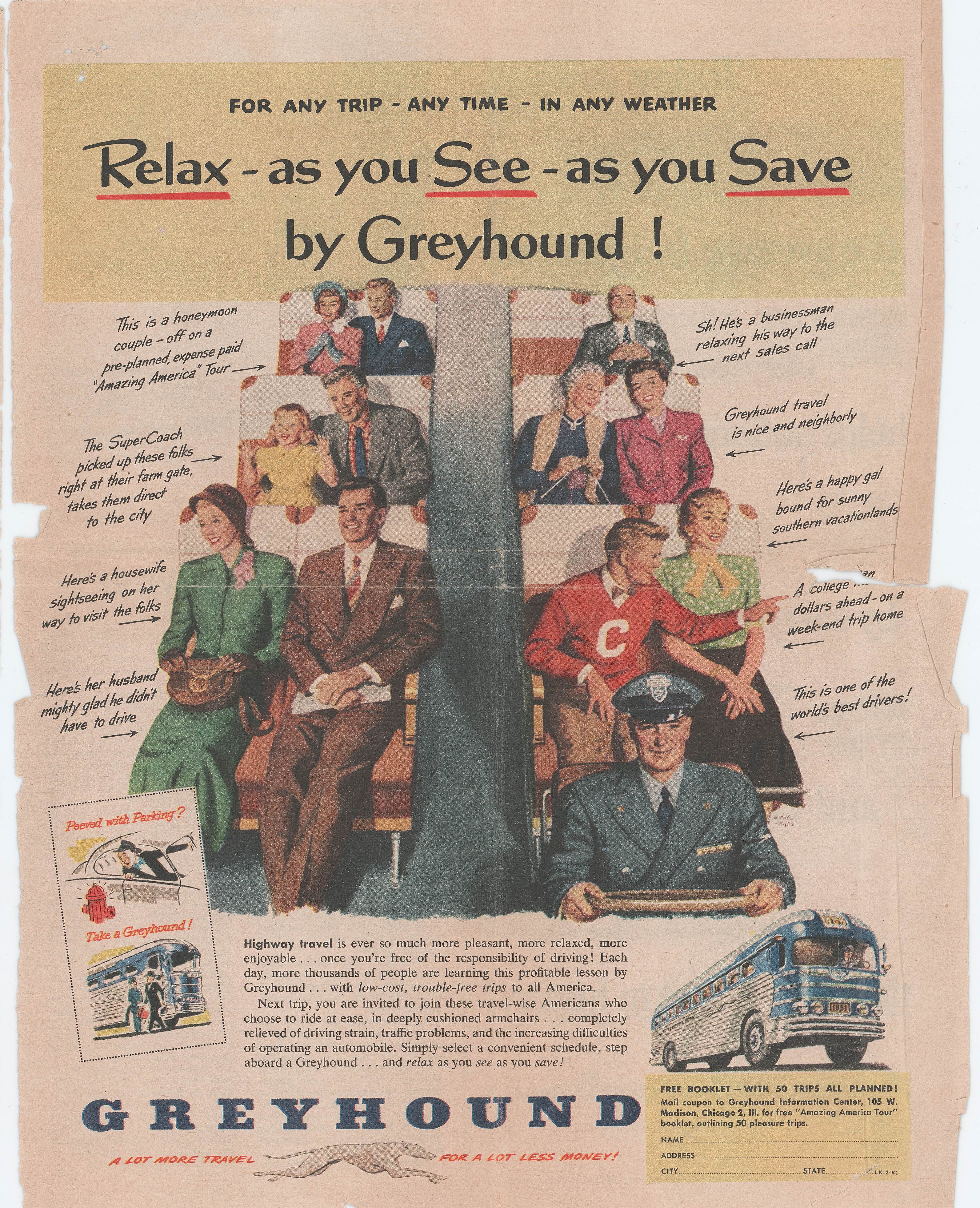 Greyhound bus travel advertisement showing multiple family scenes and bus travel