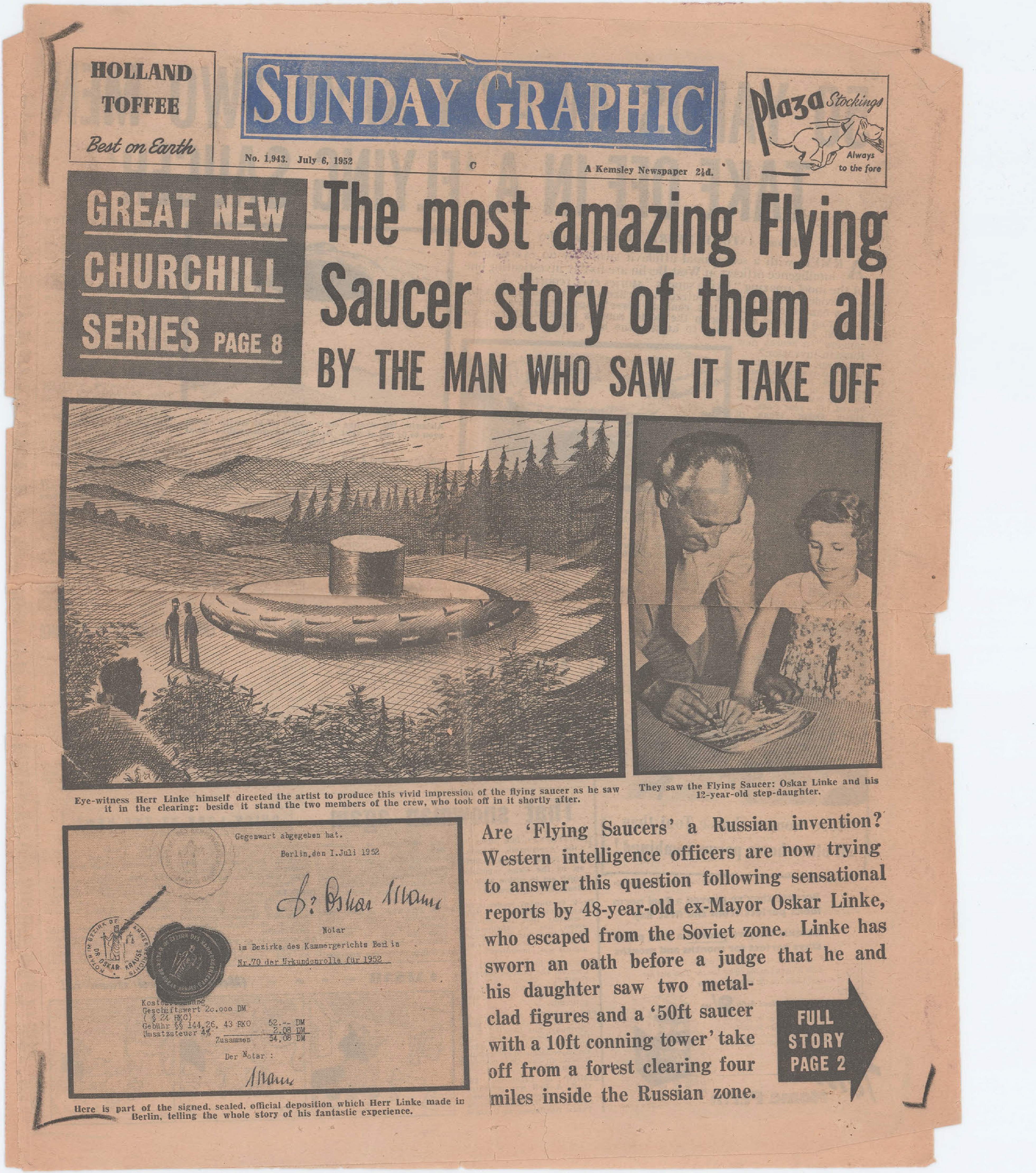 Artist's impression of flying saucer in forest clearing with two figures