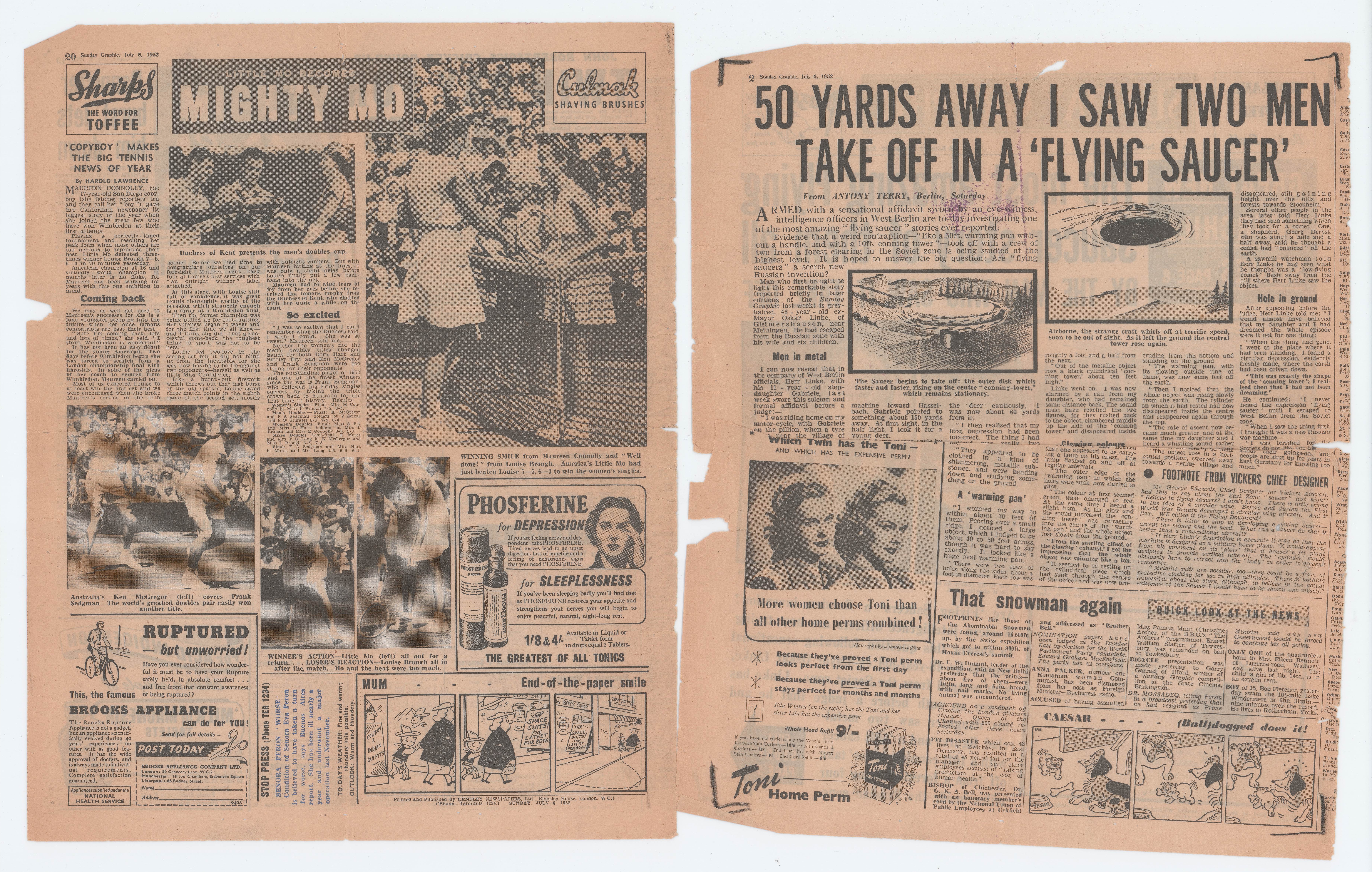 Left page: newspaper page showing 'MIGHTY MO' sports coverage with multiple photographs and advertisements