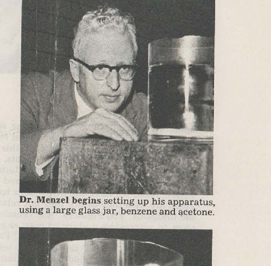 Photographed by Arthur Rothstein - Dr. Menzel begins setting up his apparatus, using a large glass jar, benzene and acetone.
