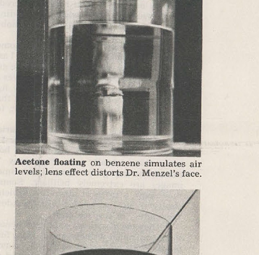 Acetone floating on benzene simulates air levels; lens effect distorts Dr. Menzel's face.