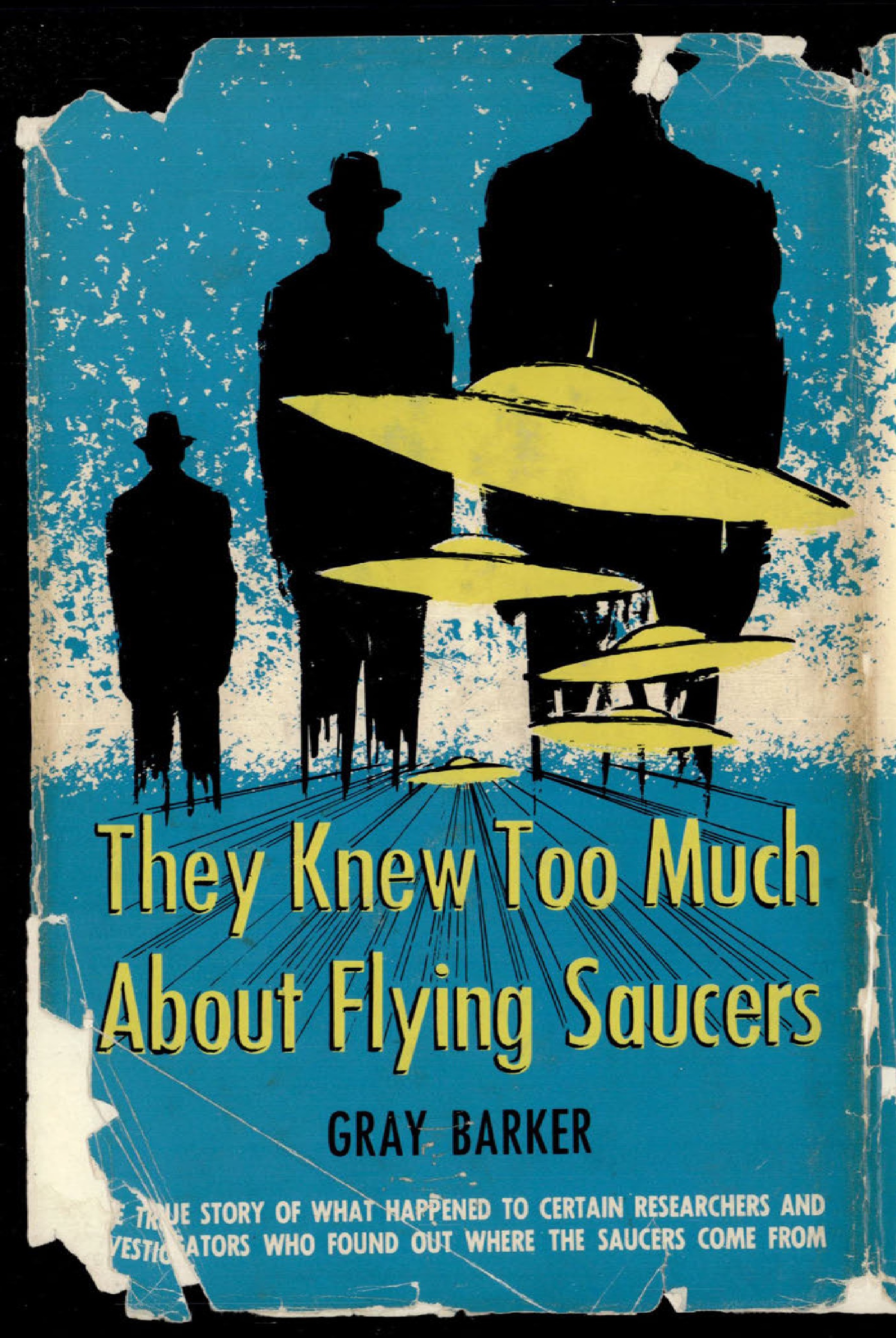 Illustration of men in suits looking at flying saucers.