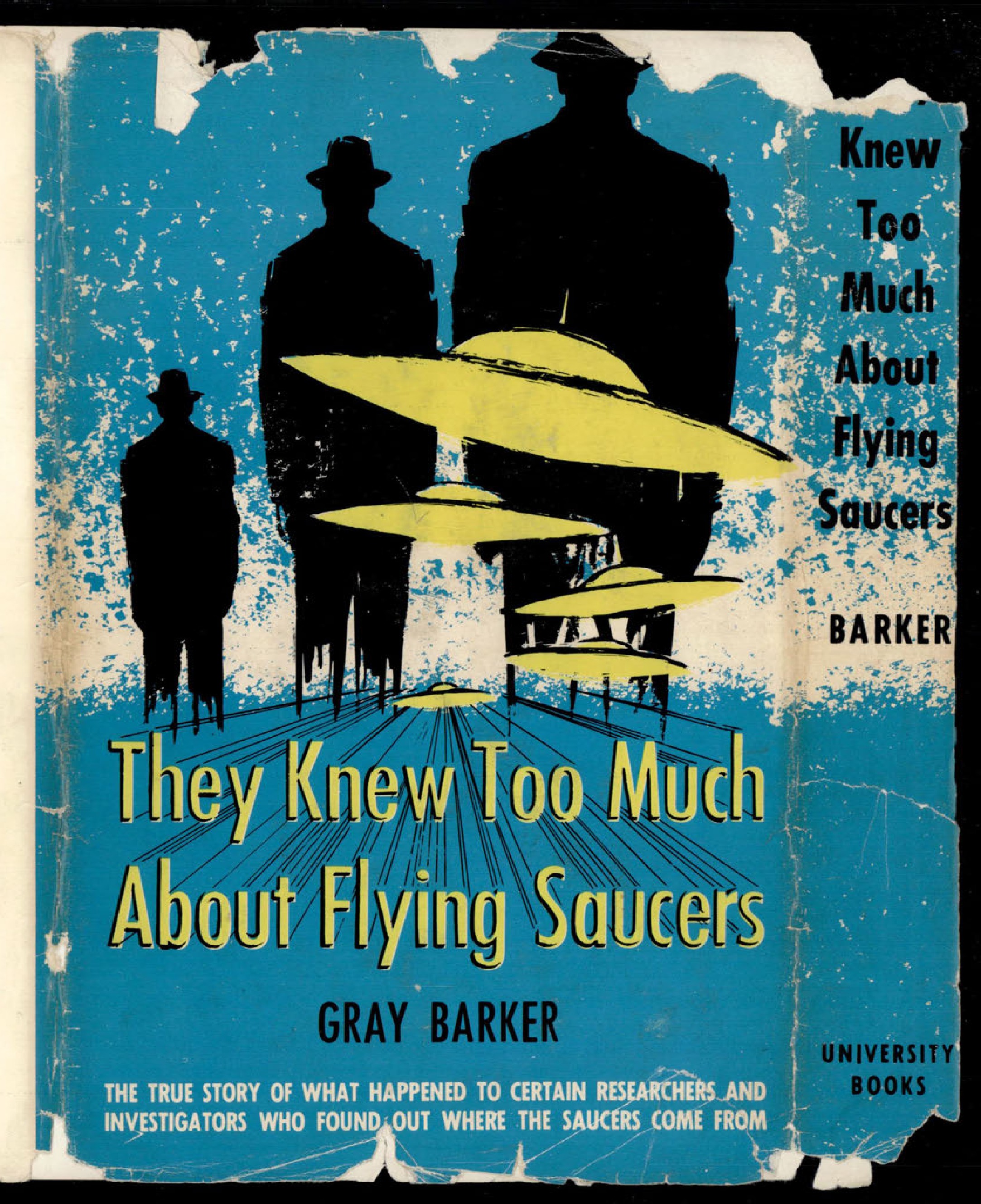 Illustration of men in suits looking at flying saucers, continued from front cover.