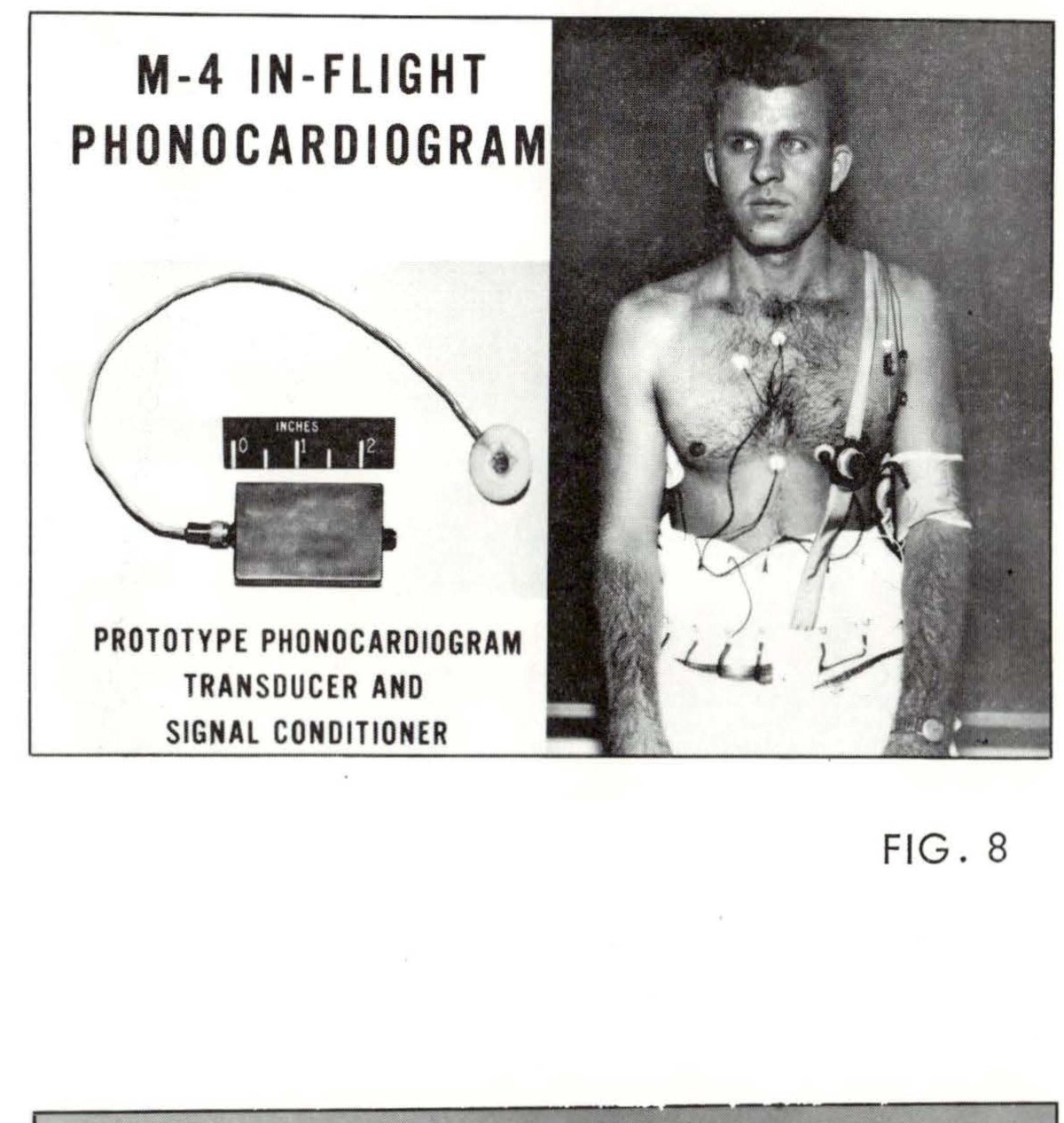 M-4 IN-FLIGHT PHONOCARDIOGRAM - PROTOTYPE PHONOCARDIOGRAM TRANSDUCER AND SIGNAL CONDITIONER with photograph of astronaut wearing device
