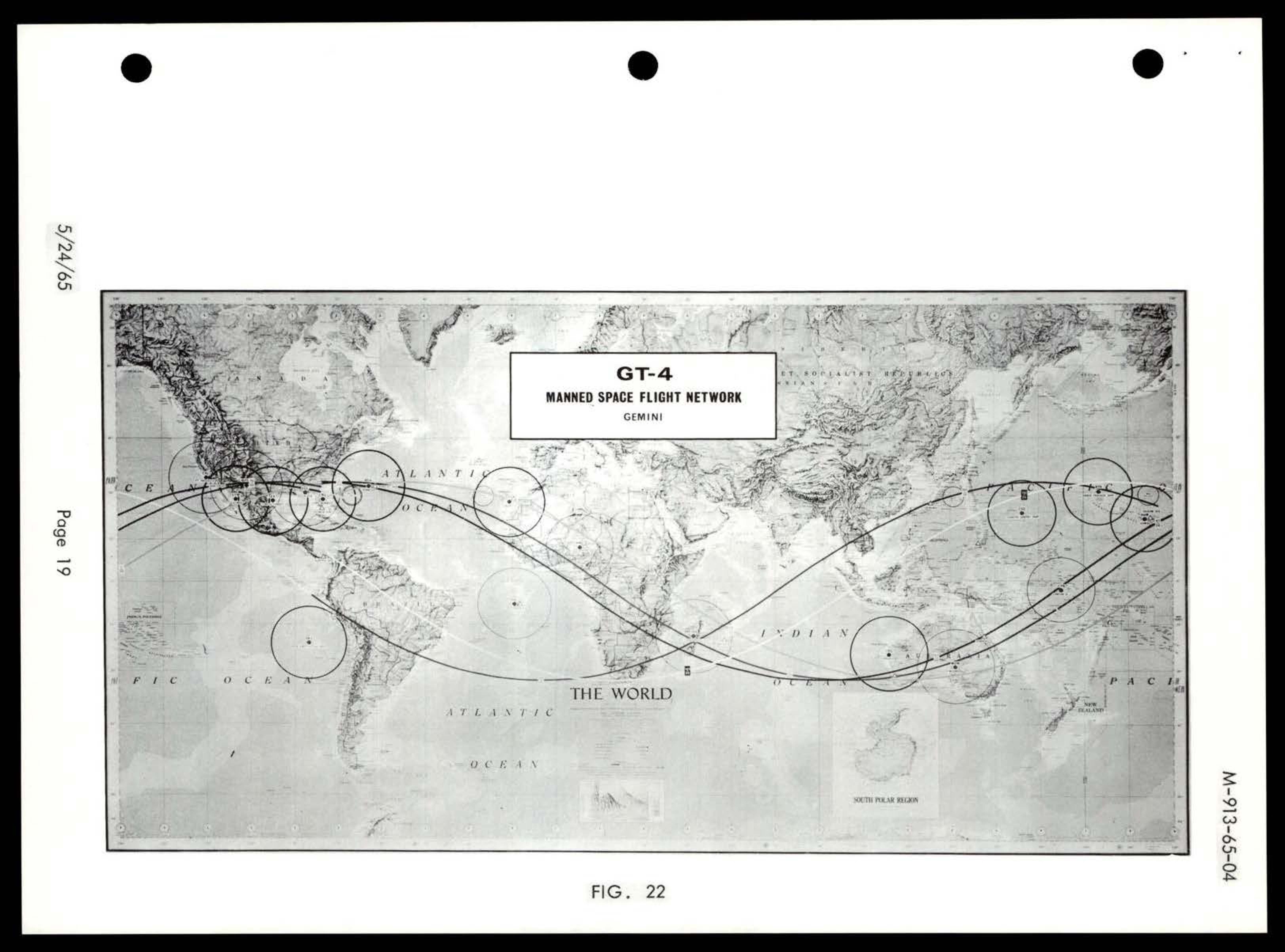 World map showing GT-4 Manned Space Flight Network (Gemini) with tracking stations and orbital paths marked by circles and lines across continents and oceans