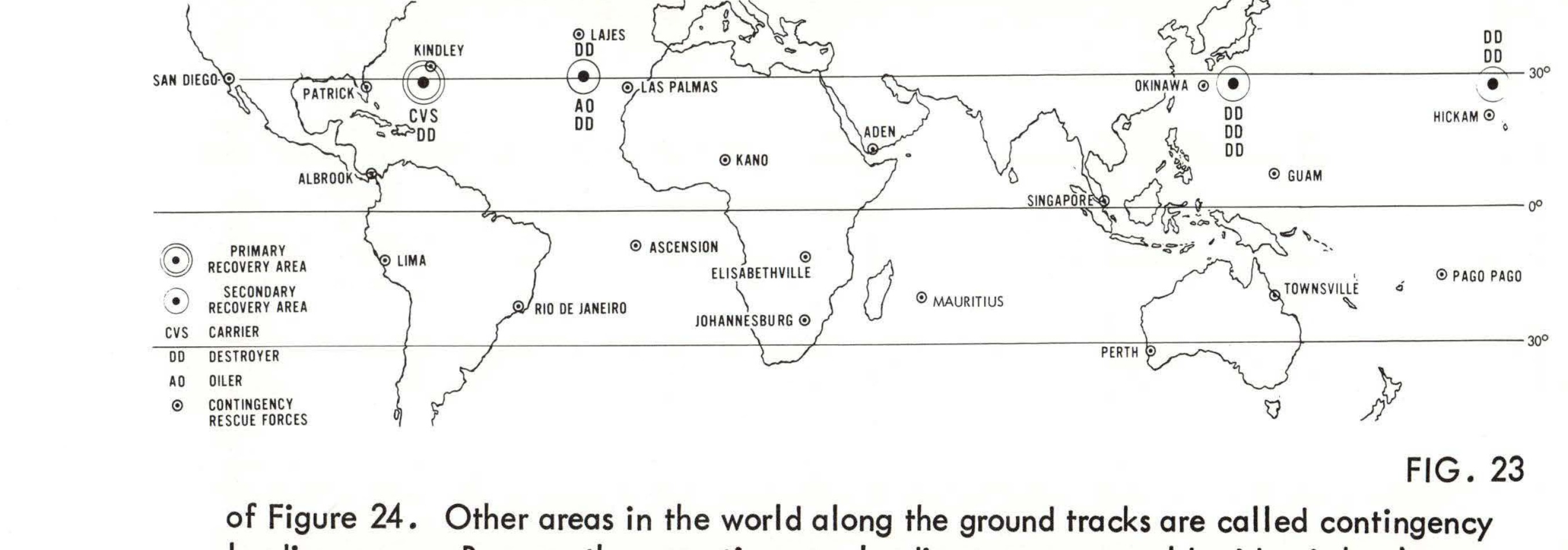 World map showing GT-4 primary and secondary landing zones with recovery ship support and contingency rescue forces locations