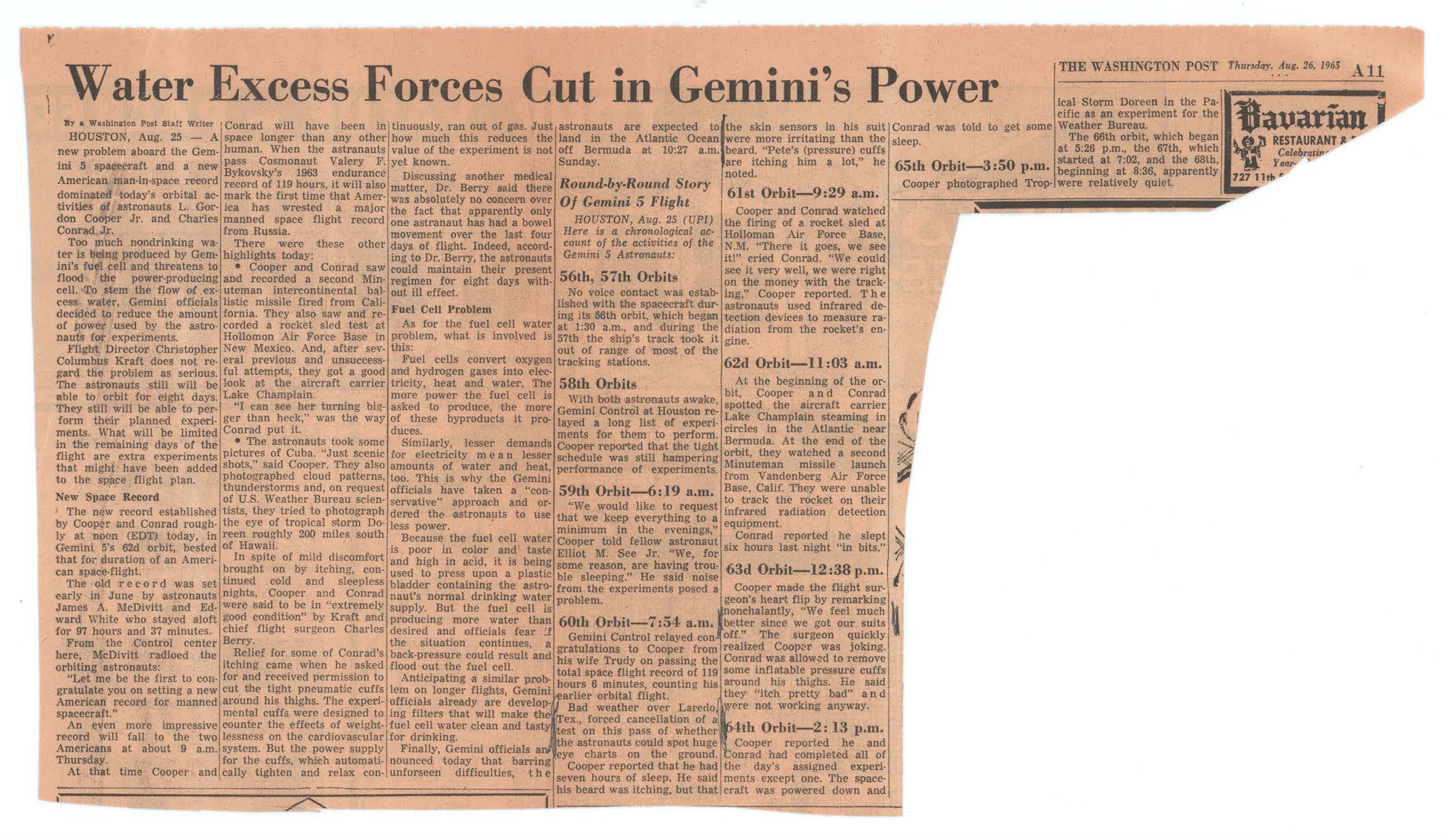 Newspaper clipping from The Washington Post, August 26, 1965, reporting on Gemini 5 spacecraft power issues and mission progress