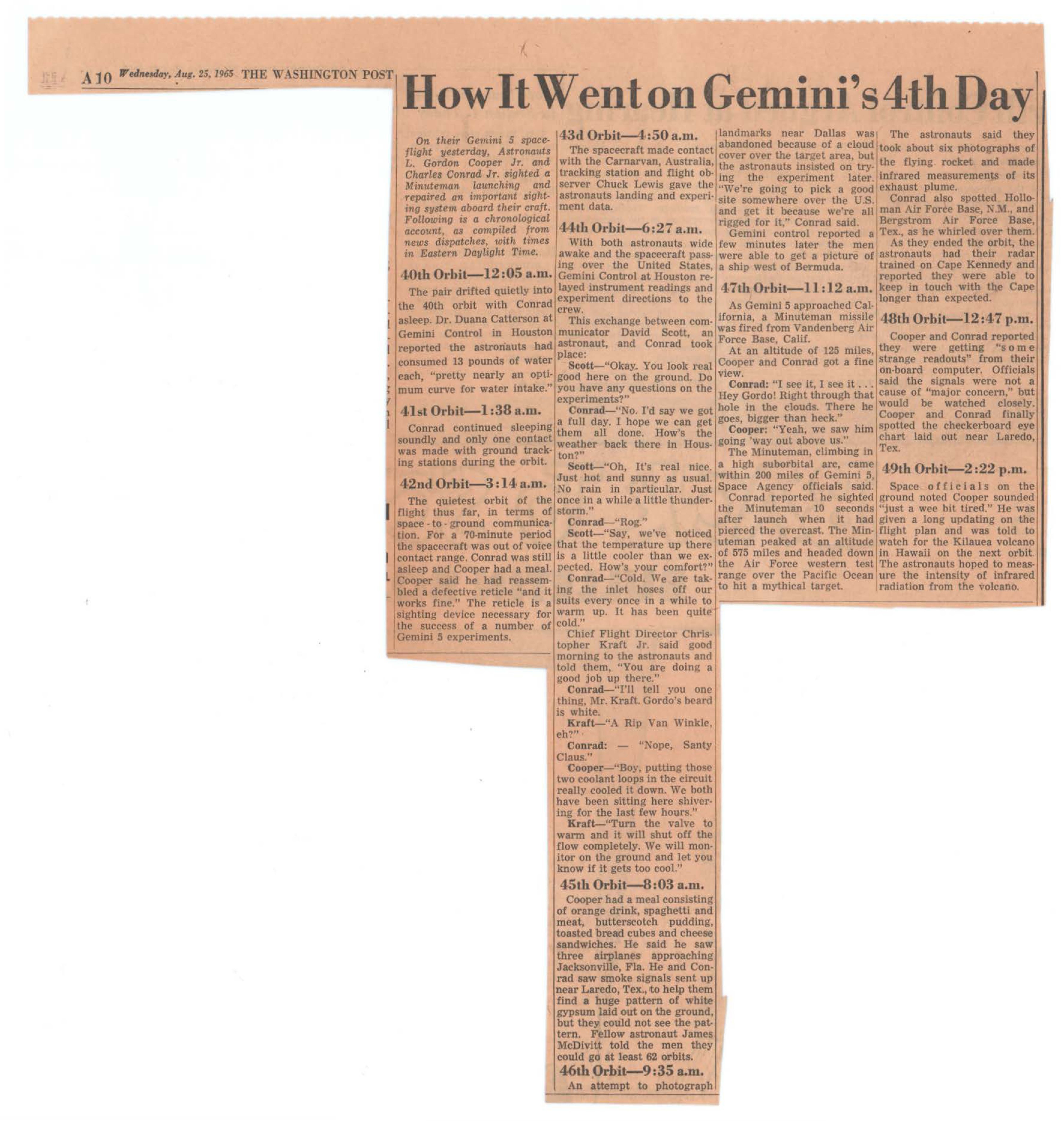 Newspaper clipping from The Washington Post, August 25, 1965, describing chronological events of Gemini 5's fourth day in orbit