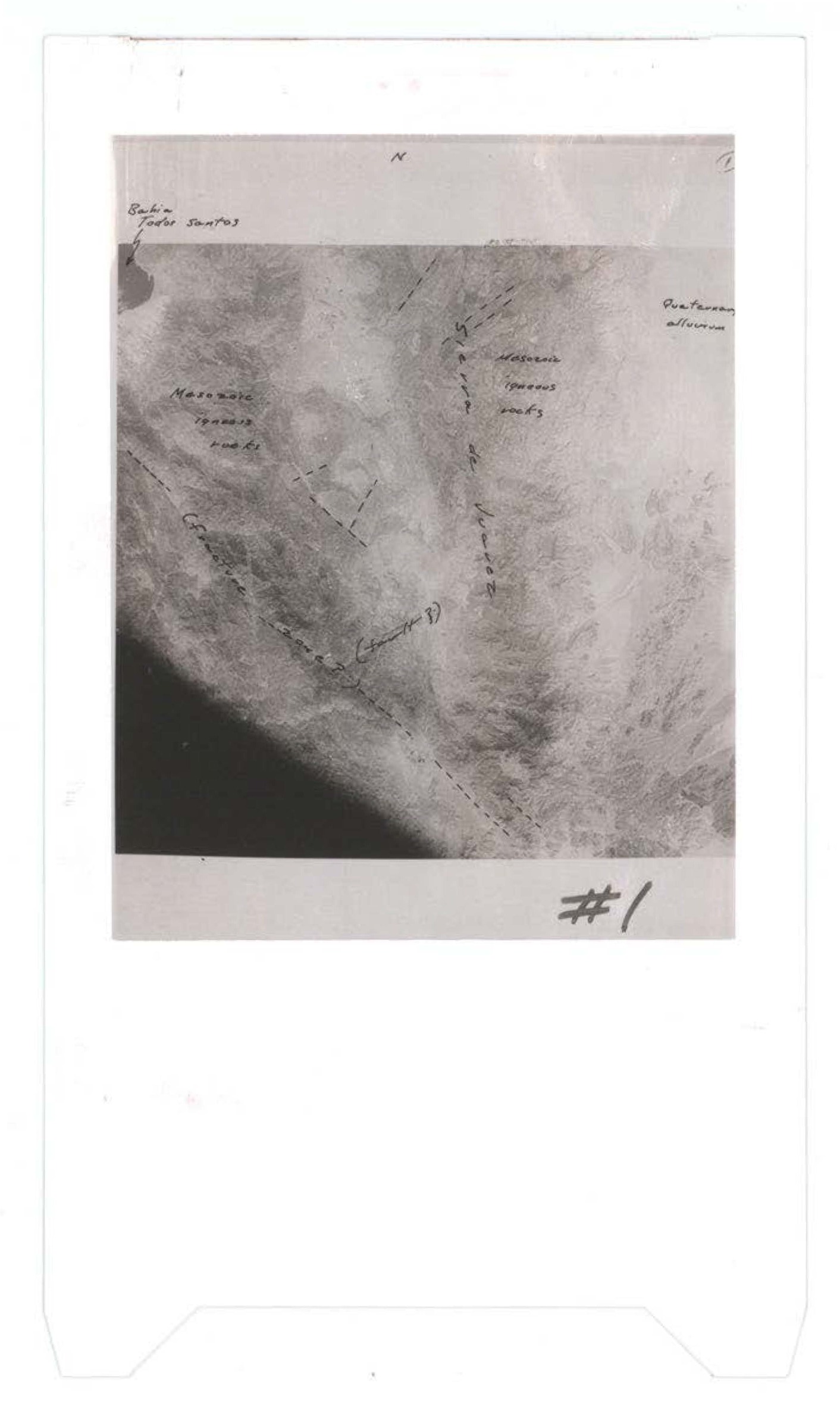 Aerial or satellite photograph showing cloud formations with handwritten annotations indicating broken field sources, prestorm altocumulus, and mesoscale updraft/downdraft complexes, marked as #1