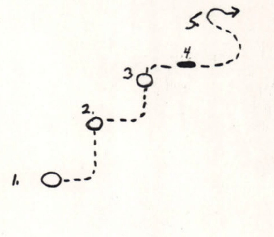 A hand-drawn diagram showing the erratic flight path of an object, labeled with numbers 1 through 5.