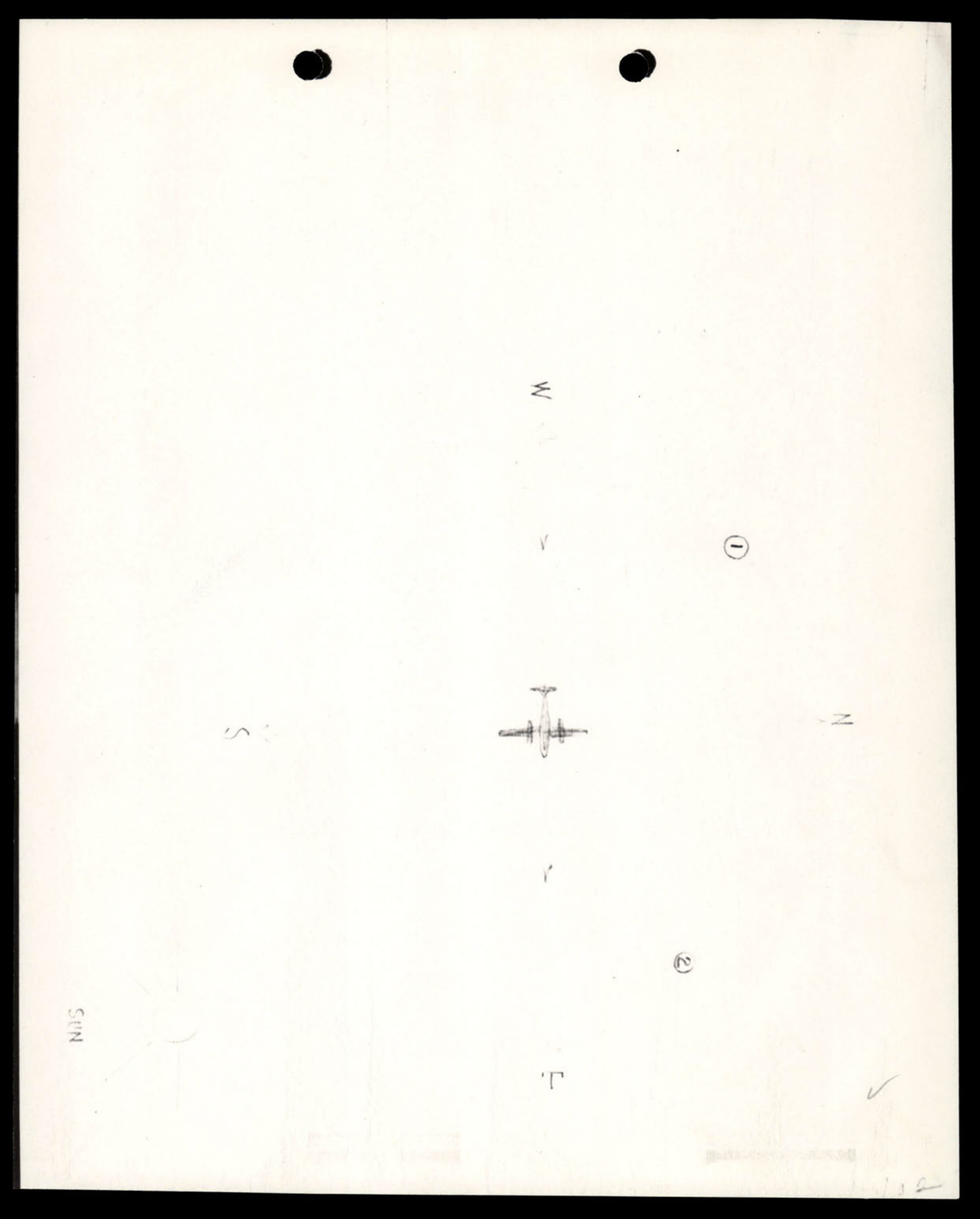 A hand-drawn diagram showing the position of an object (1) and (2) relative to a B-25 airplane, with cardinal directions and the sun's position indicated.