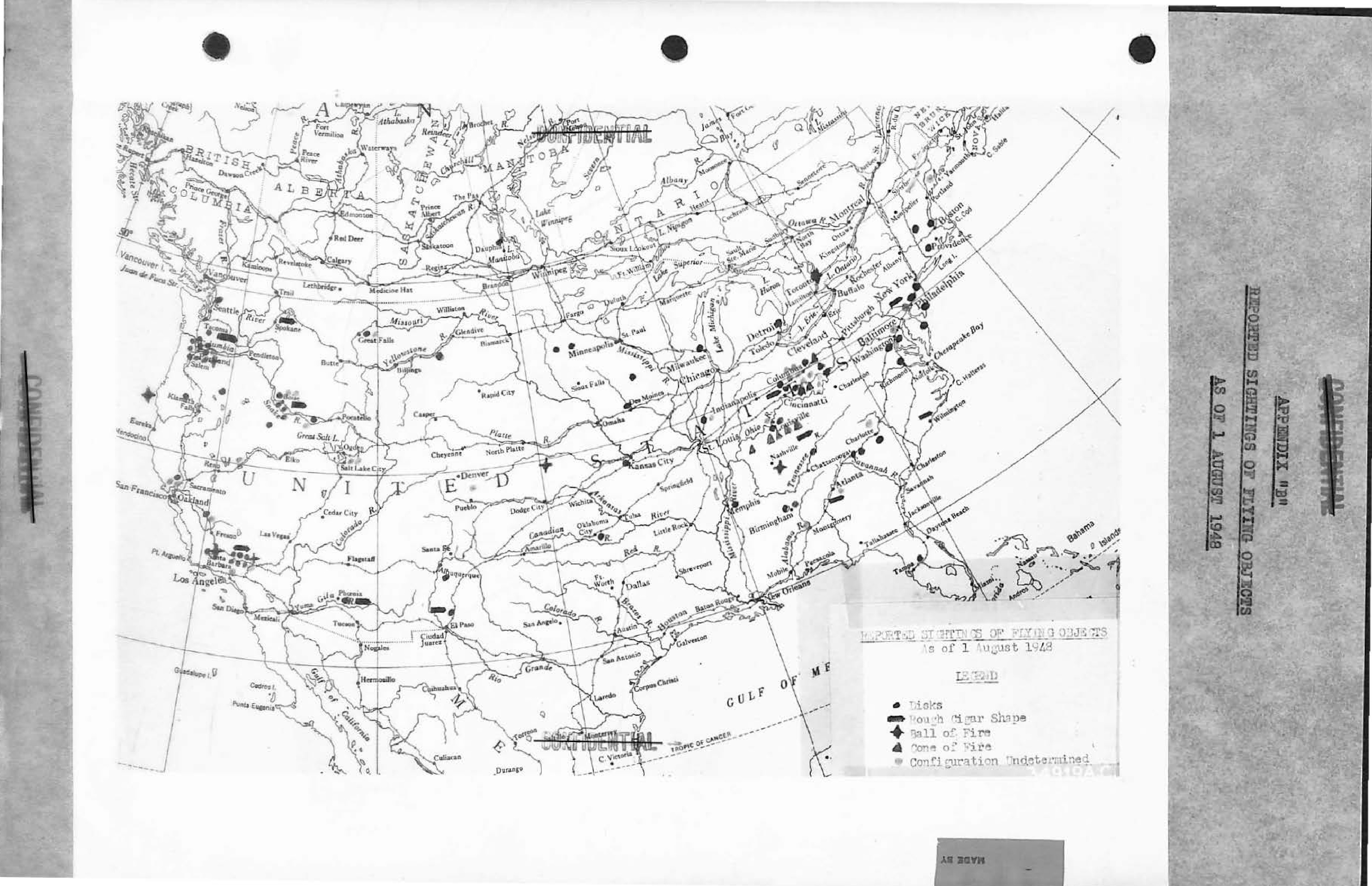 Map of North America showing reported sightings of flying objects as of 1 August 1948.